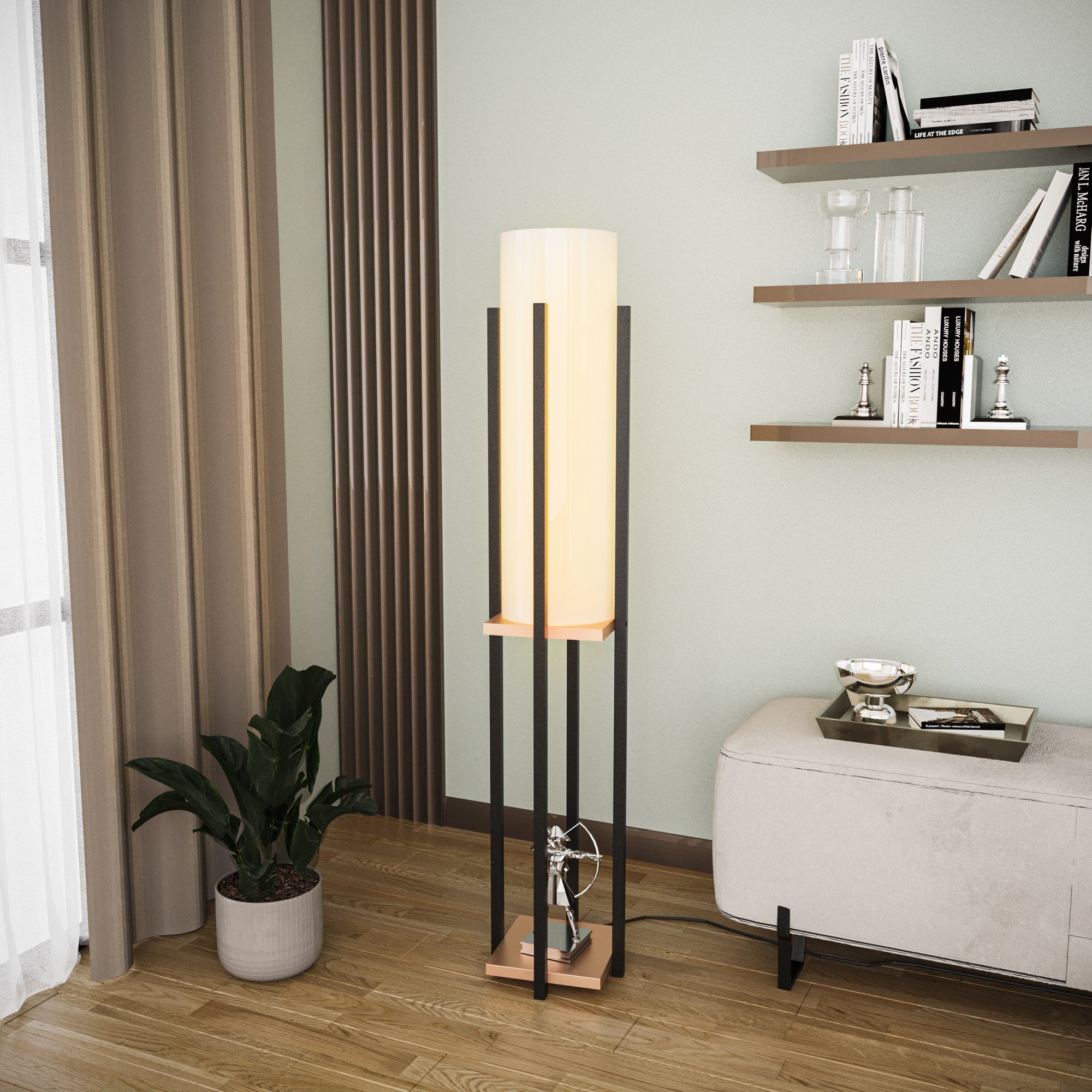 Candeeiro de Pé estilosa com corpo de metal, preta e cobre, 130 cm de altura | Soquete E27, 40 W máx., cabo de 200 cm | Design elegante para espaços modernos