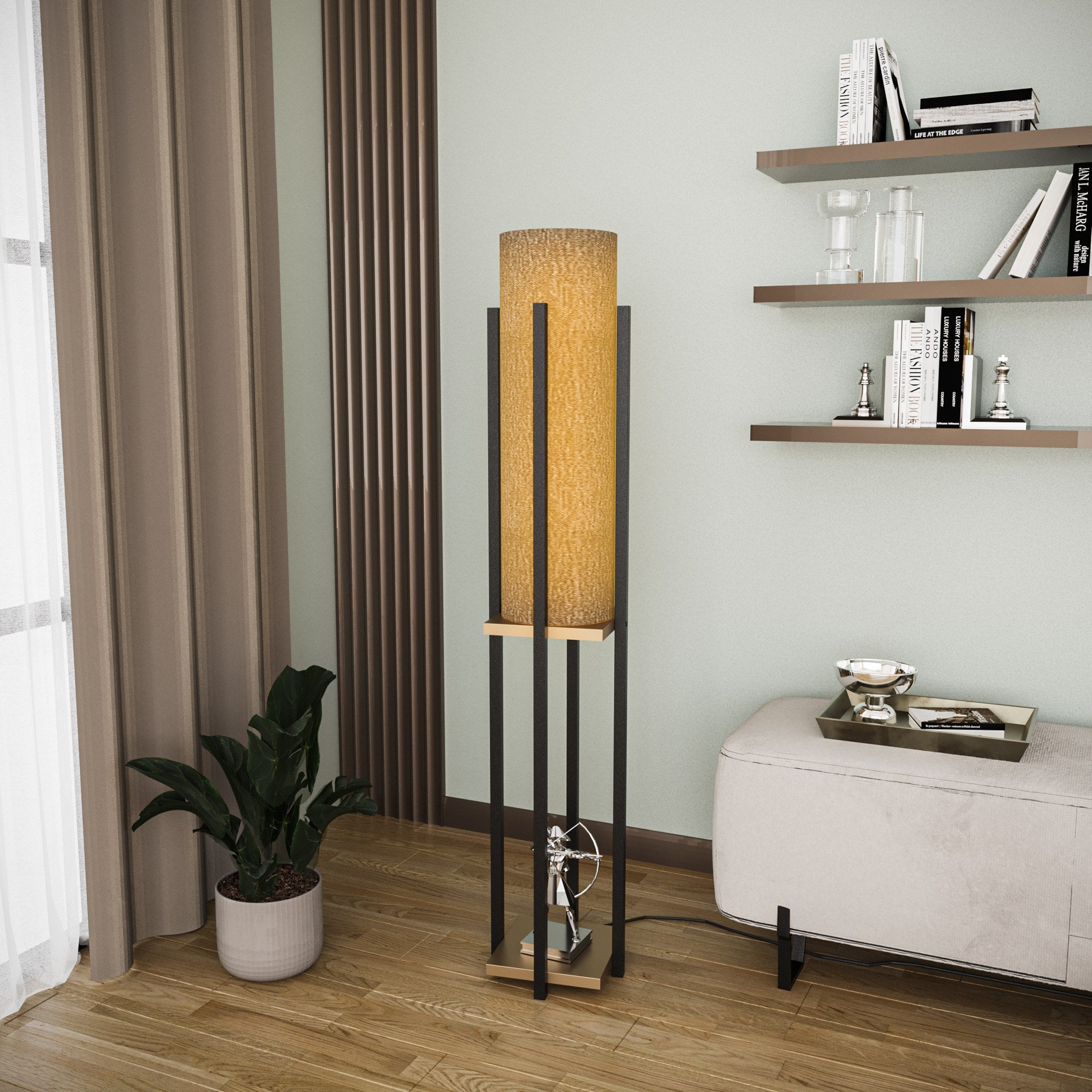 Candeeiro de Pé Elegante Preta e Dourada, 130 cm de Altura | Corpo em Metal, Base em Tecido, Soquete E27, Cabo de 200 cm | Iluminação Elegante para Decoração Moderna