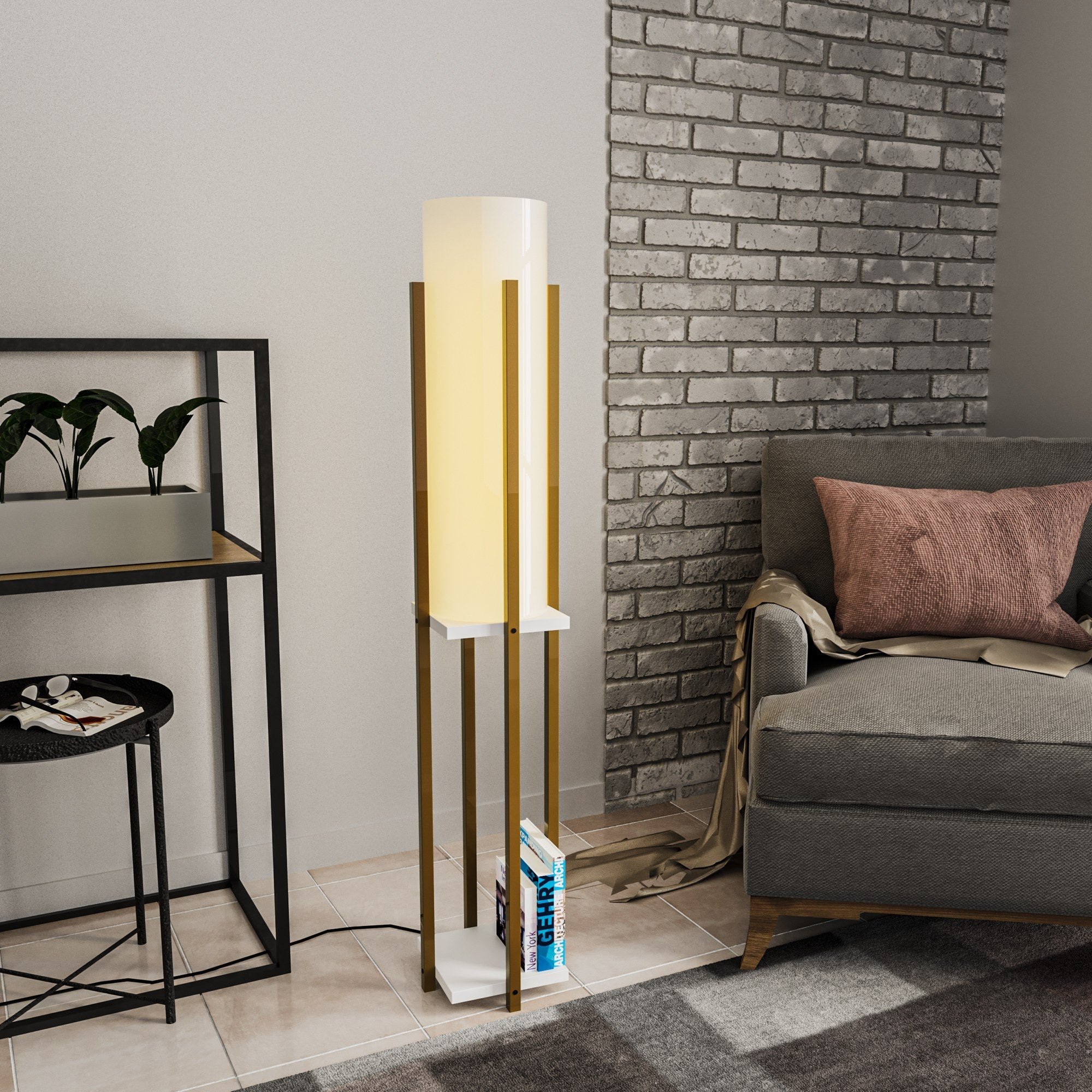 Candeeiro de Pé Elegante em Dourado e Branco, Corpo em Metal, 130 cm de Altura, Soquete E27, Cabo de 200 cm, IP20 | Iluminação Elegante para Decoração Moderna e Espaços de Convivência
