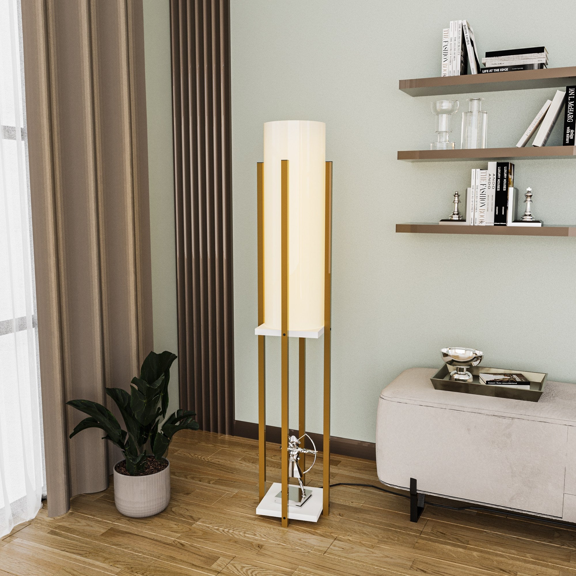 Candeeiro de Pé Elegante em Dourado e Branco, Corpo em Metal, 130 cm de Altura, Soquete E27, Cabo de 200 cm, IP20 | Iluminação Elegante para Decoração Moderna e Espaços de Convivência