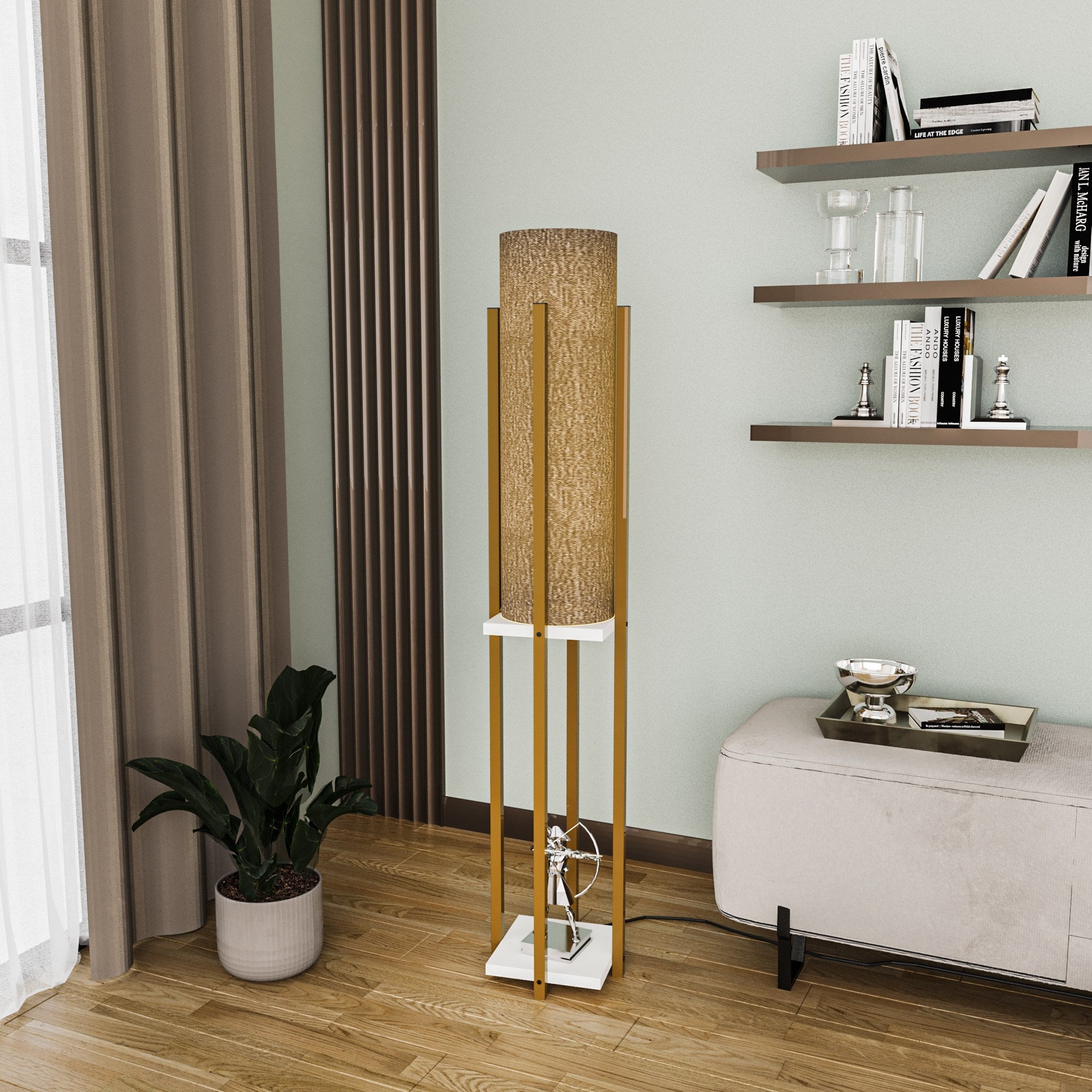 Candeeiro de Pé Elegante em Dourado e Branco, Corpo em Metal, 130 cm de Altura, Soquete E27, Cabo de 200 cm, IP20 | Iluminação Elegante para Decoração Moderna e Espaços de Convivência