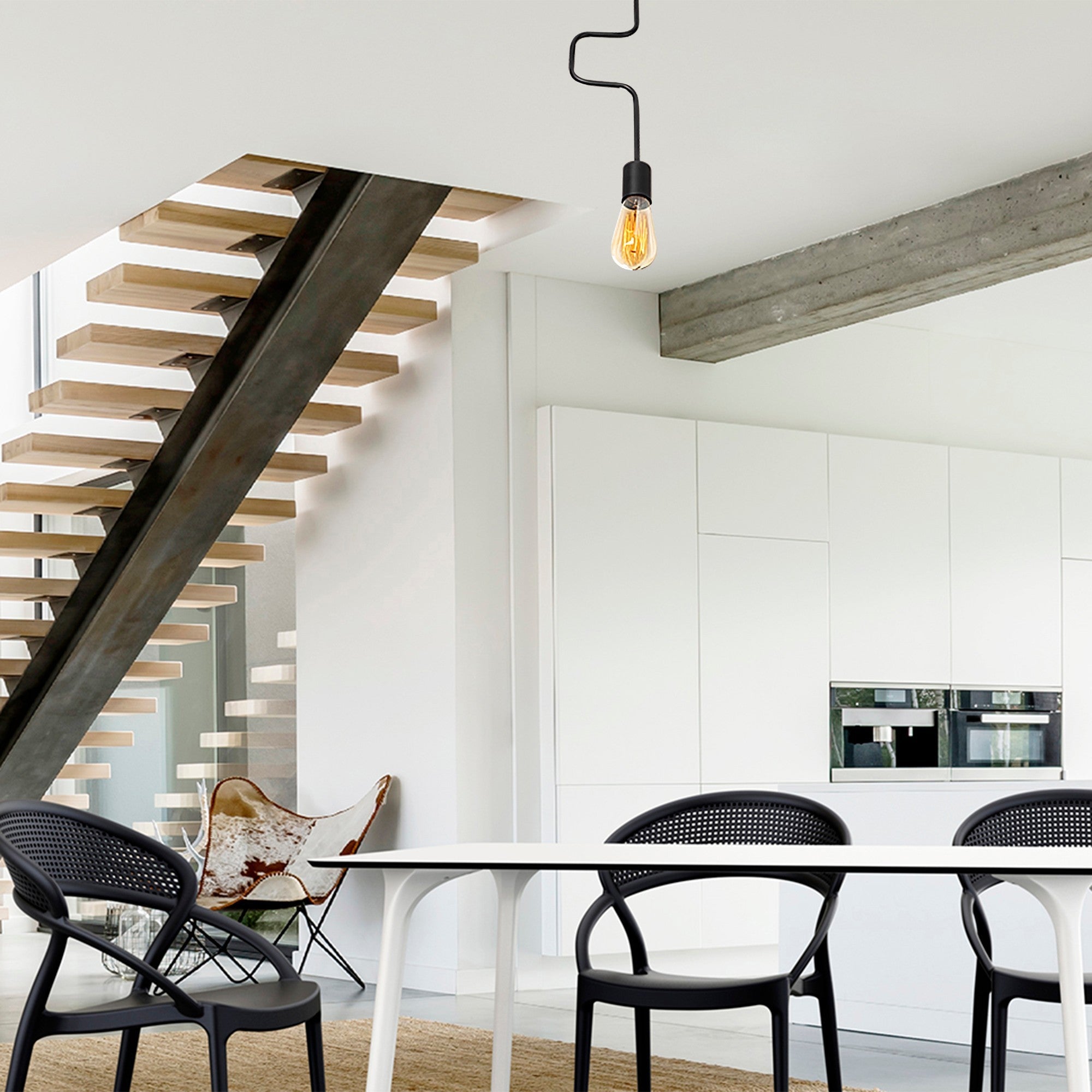 Candeeiro de Teto Preto Moderno, Corpo em Metal, 52 cm de Altura, Soquete E27, IP20 | Design Industrial Elegante para Casa e Escritório, Base de 12 x 6 cm, Iluminação Elegante