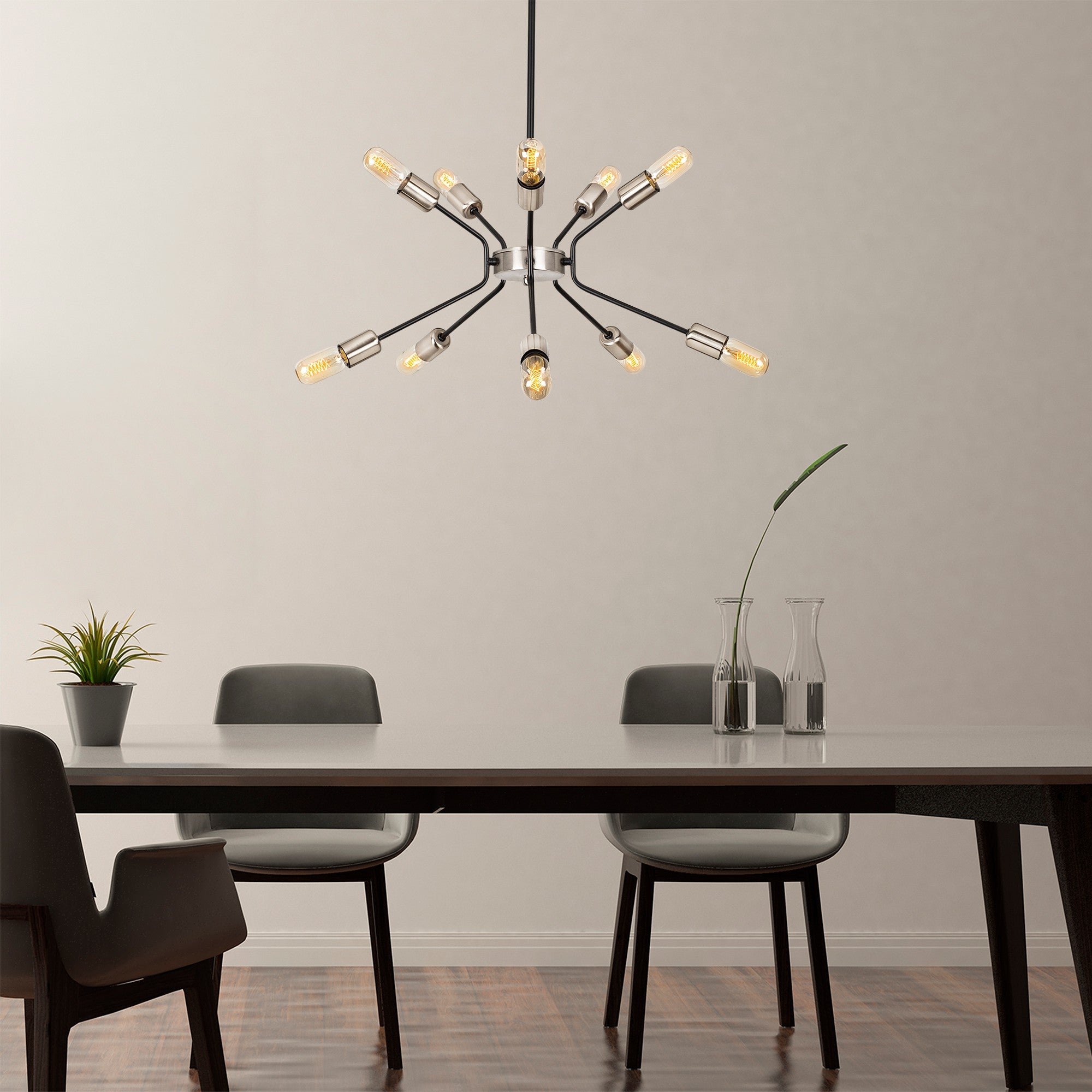 Candeeiro de Teto Industrial, Preto e Níquel, 60 cm de Diâmetro, 80 cm de Altura, Ajustável, 10 x E27 Máx. 40 W, IP20 | Design Elegante em Metal para Espaços Modernos