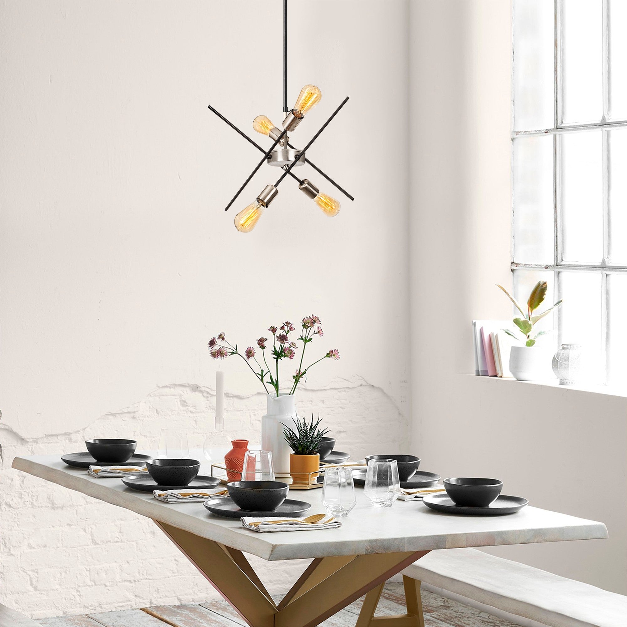 Candeeiro de Teto Industrial, Preto e Níquel, 50 cm de Diâmetro, 80 cm de Altura | Corpo de Metal, 4 x E27 Máx. 40 W | Inclui Instruções de Instalação, Iluminação Elegante e Funcional