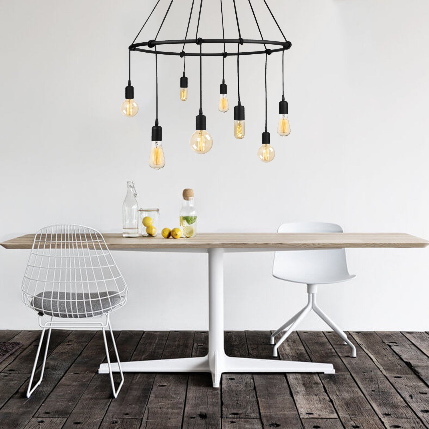 Candeeiro de Teto moderno preto, 80 cm de diâmetro, altura ajustável de 180 cm | Corpo de metal, 8 x E27 máx. 40 W | Design industrial elegante para casa e escritório