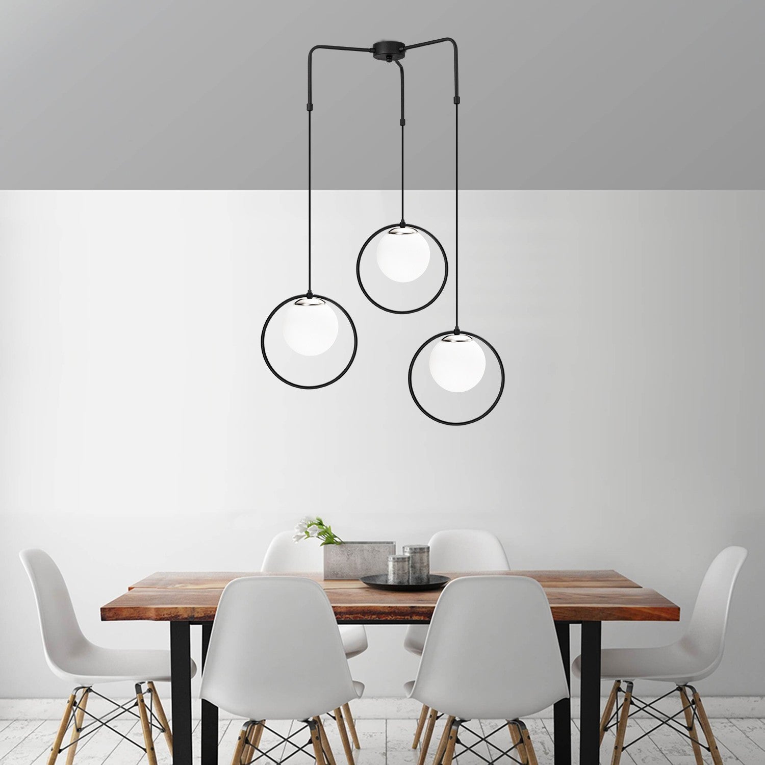 Candeeiro de Teto Industrial Moderno, Preto e Branco, 74 cm de Diâmetro, Altura Ajustável, Corpo de Metal, 3 Soquetes E27, Design Elegante para Casa e Escritório