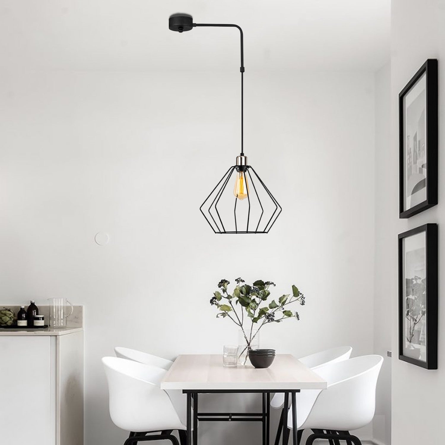 Candeeiro de Teto Preto Moderno, Corpo em Metal, 43 x 33 cm, Altura 100 cm, Ajustável, Soquete E27, IP20 | Design Industrial Elegante para Casa e Escritório