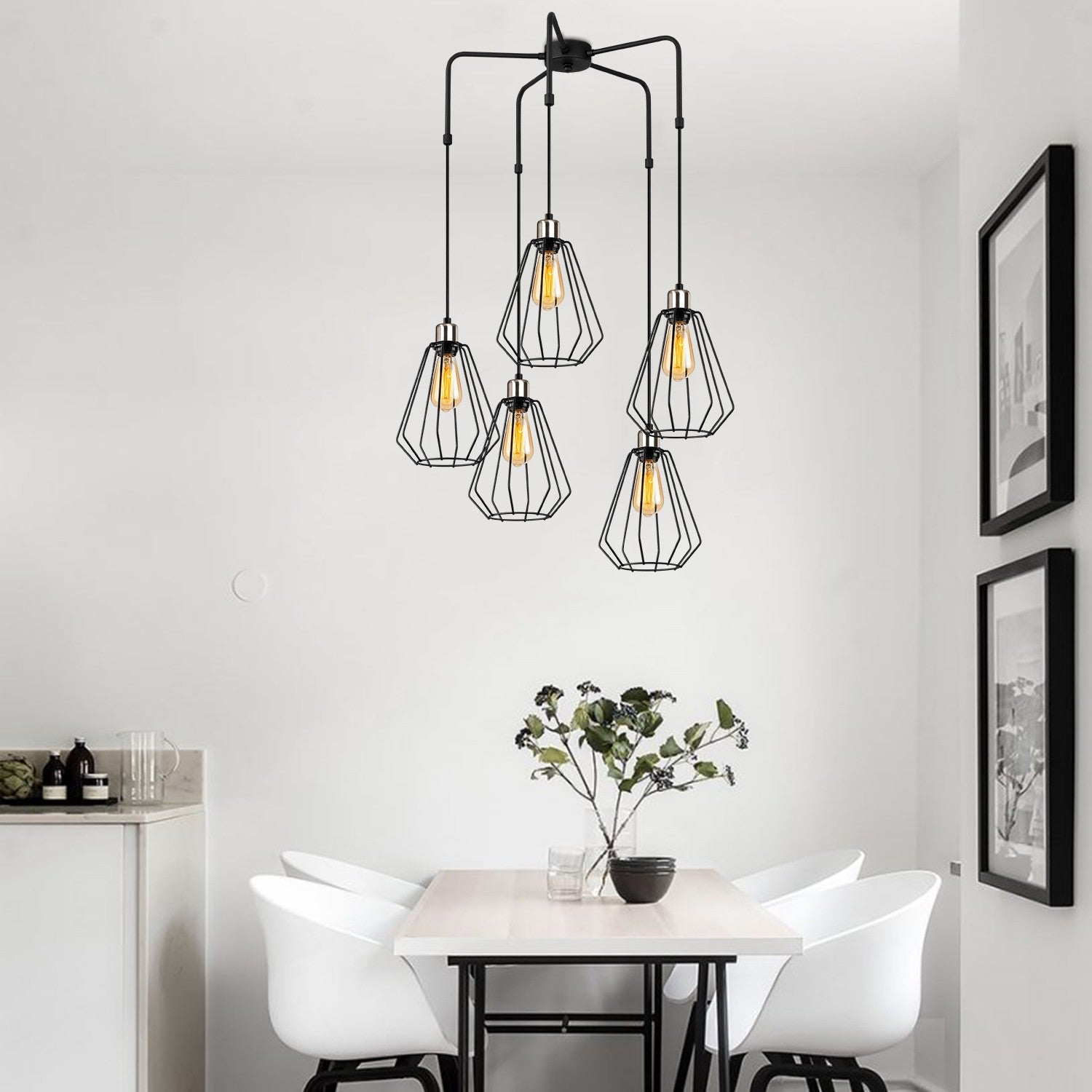 Candeeiro de Teto Industrial Moderno, Metal Preto, 68 cm de Diâmetro, Altura Ajustável, 5 Soquetes E27, Design Elegante para Iluminação Residencial e de Escritório