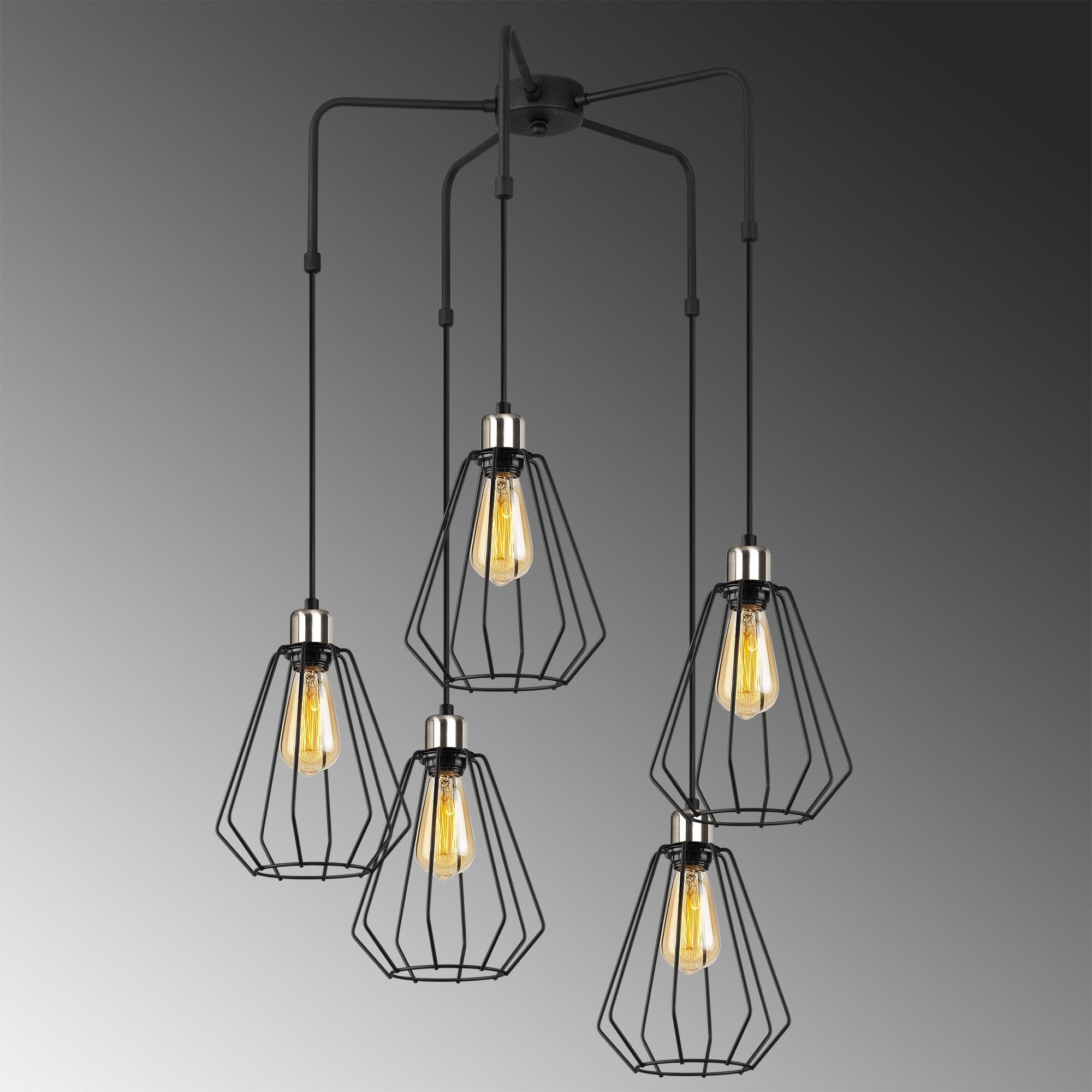 Candeeiro de Teto Industrial Moderno, Metal Preto, 68 cm de Diâmetro, Altura Ajustável, 5 Soquetes E27, Design Elegante para Iluminação Residencial e de Escritório