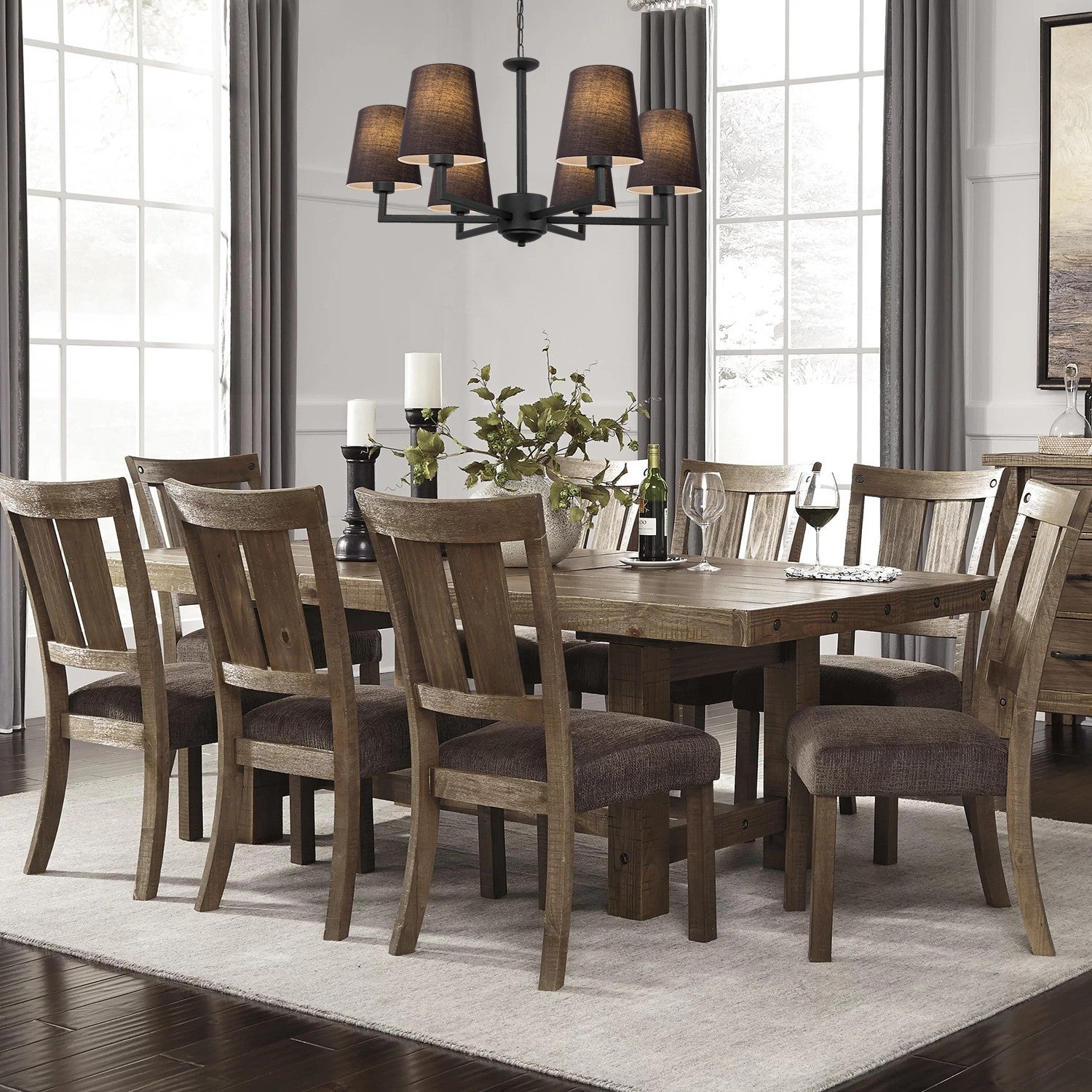 Candeeiro de Teto Preto Moderno, 80 cm de Diâmetro, Altura Ajustável, Corpo de Ferro, 6 Soquetes E27, Design Escandinavo | Iluminação Elegante para Casa e Escritório