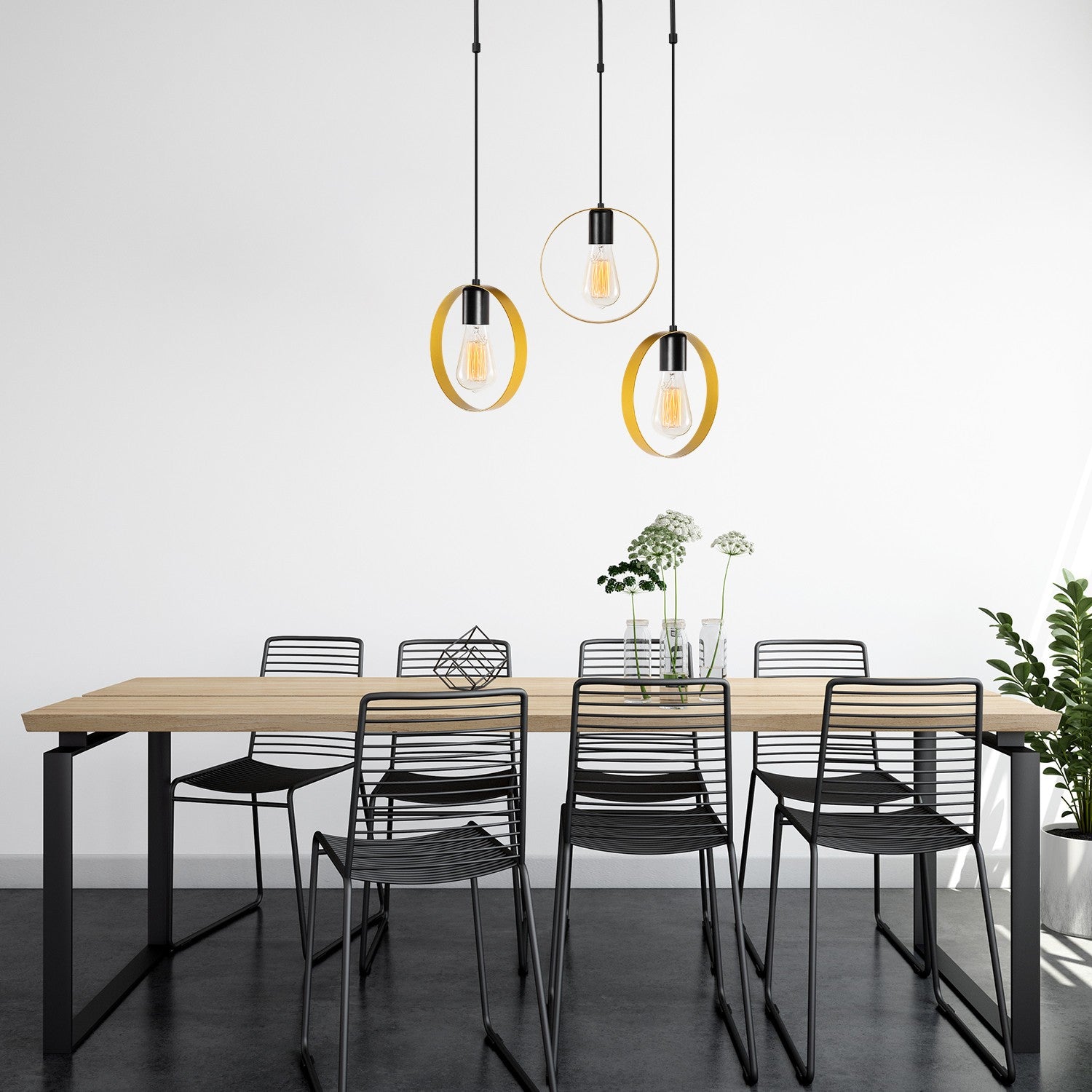 Candeeiro de Teto glamoroso dourado e preto, 70 cm de diâmetro, altura ajustável, corpo de metal, 3 soquetes E27, design elegante para espaços modernos, classificação IP20.