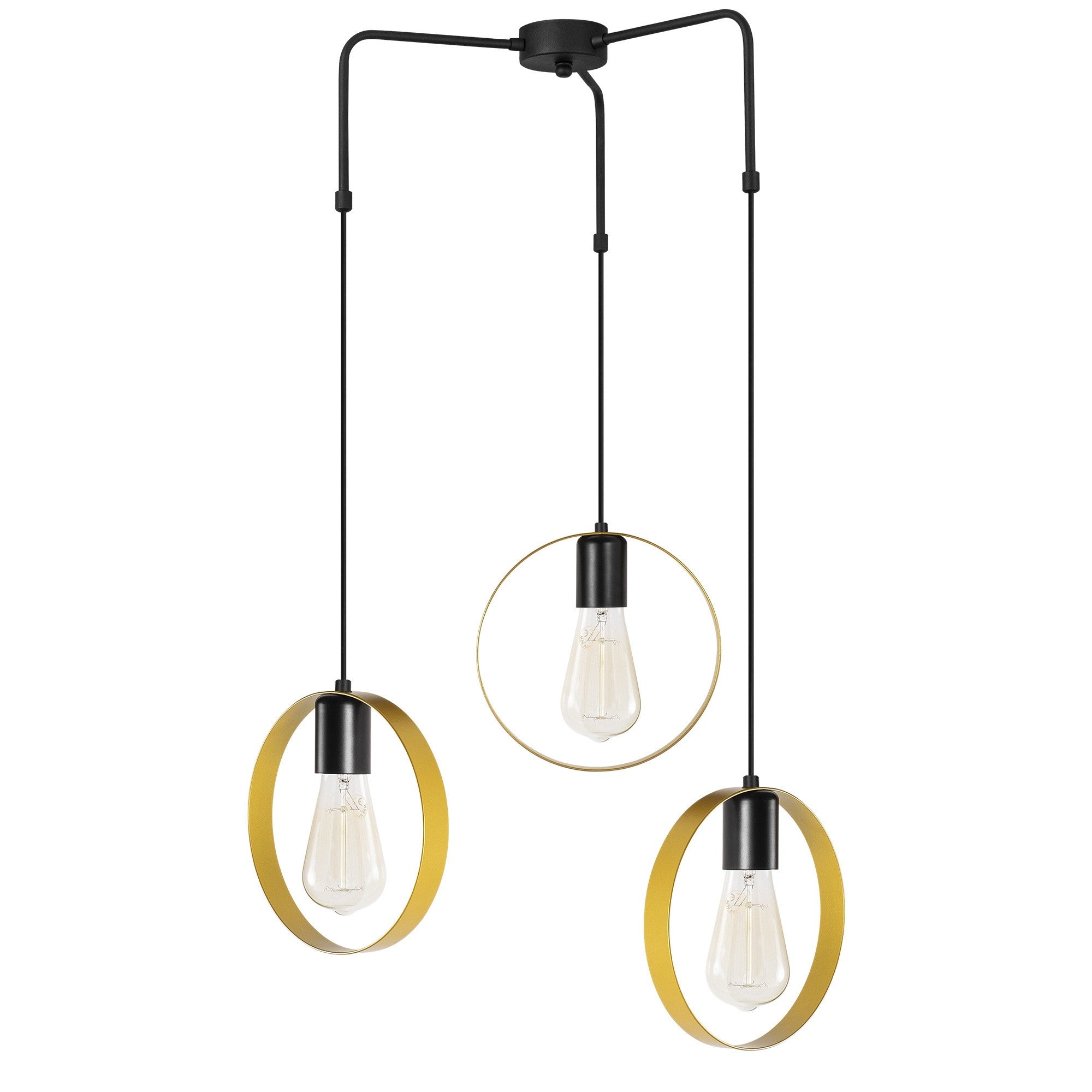 Candeeiro de Teto glamoroso dourado e preto, 70 cm de diâmetro, altura ajustável, corpo de metal, 3 soquetes E27, design elegante para espaços modernos, classificação IP20.