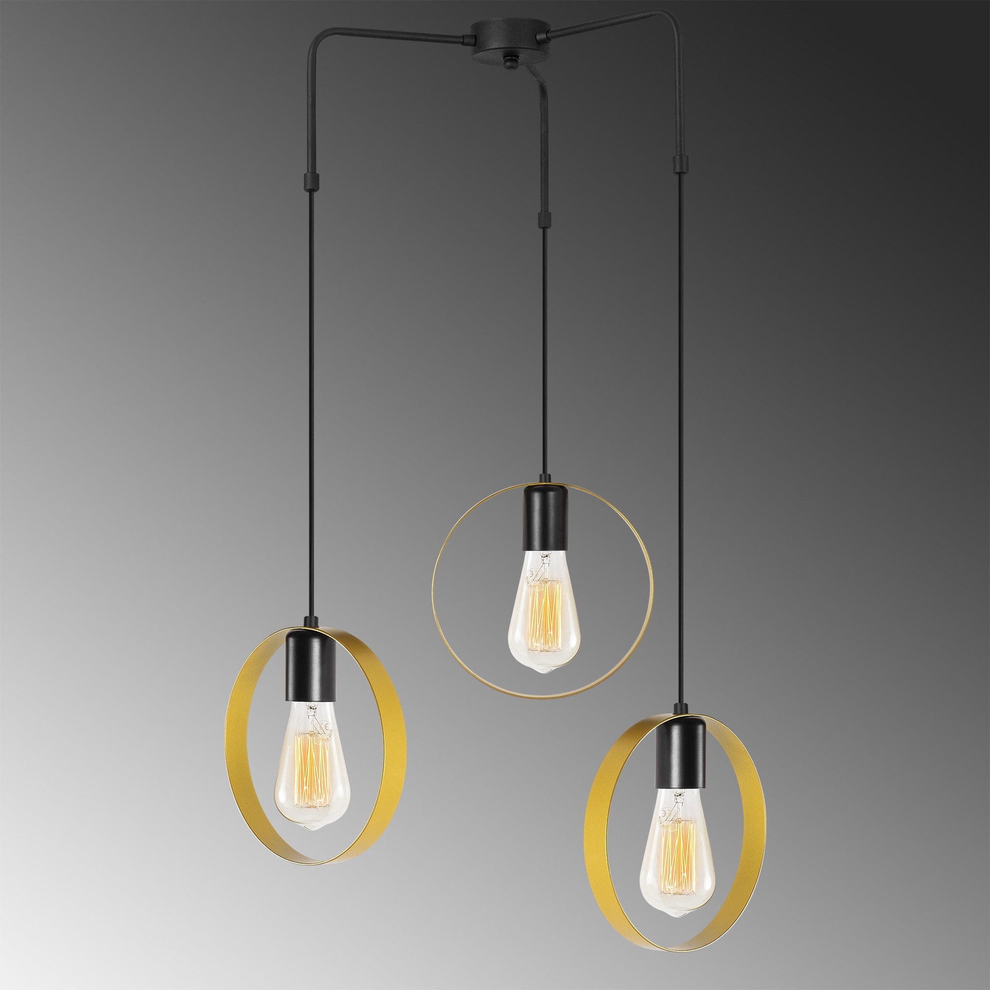 Candeeiro de Teto glamoroso dourado e preto, 70 cm de diâmetro, altura ajustável, corpo de metal, 3 soquetes E27, design elegante para espaços modernos, classificação IP20.