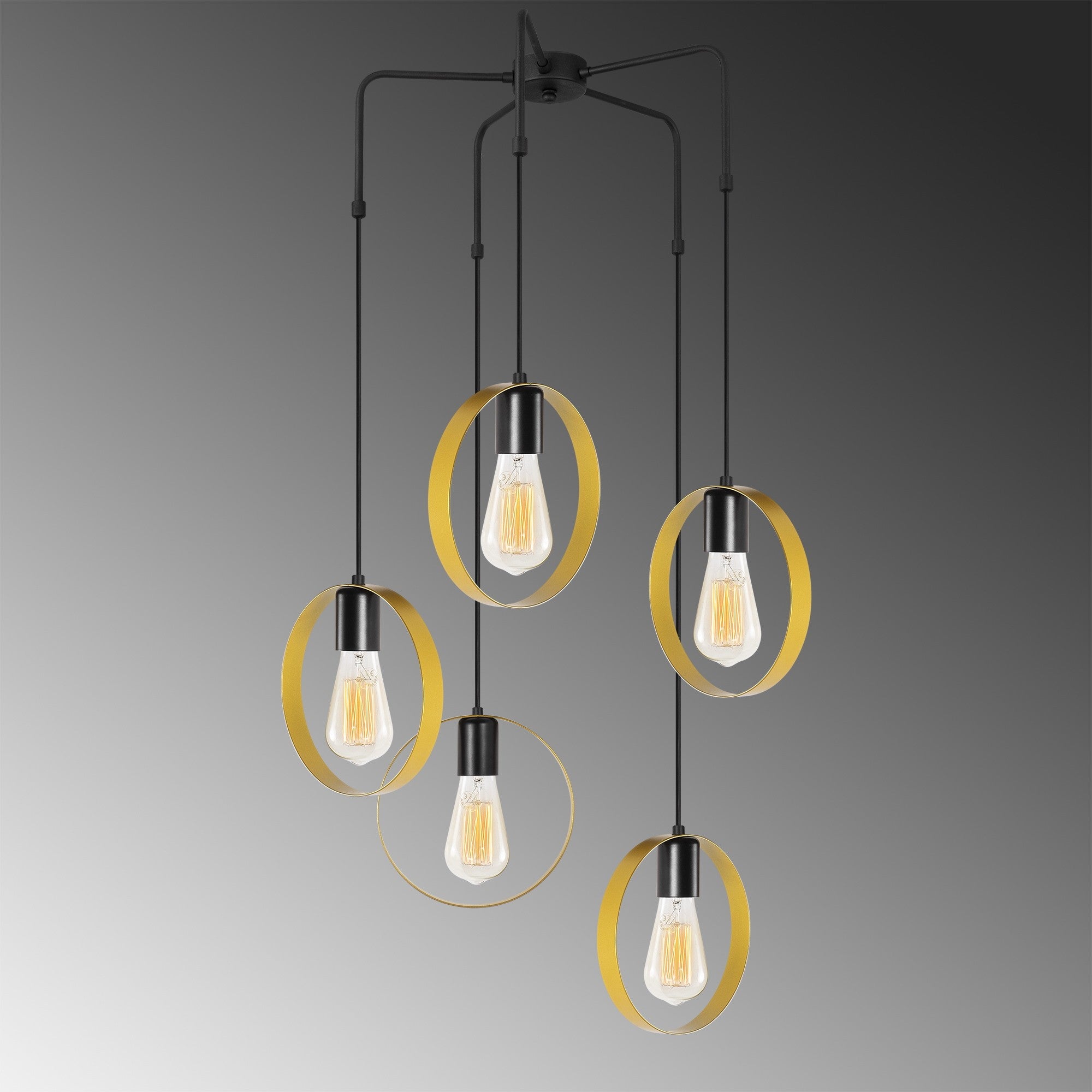 Candeeiro de Teto Elegante Dourado e Preto, 70 cm de Diâmetro, Altura Ajustável, Corpo em Metal, 5 x E27 máx. 40 W | Iluminação Glamourosa para Espaços Modernos, Classificação IP20