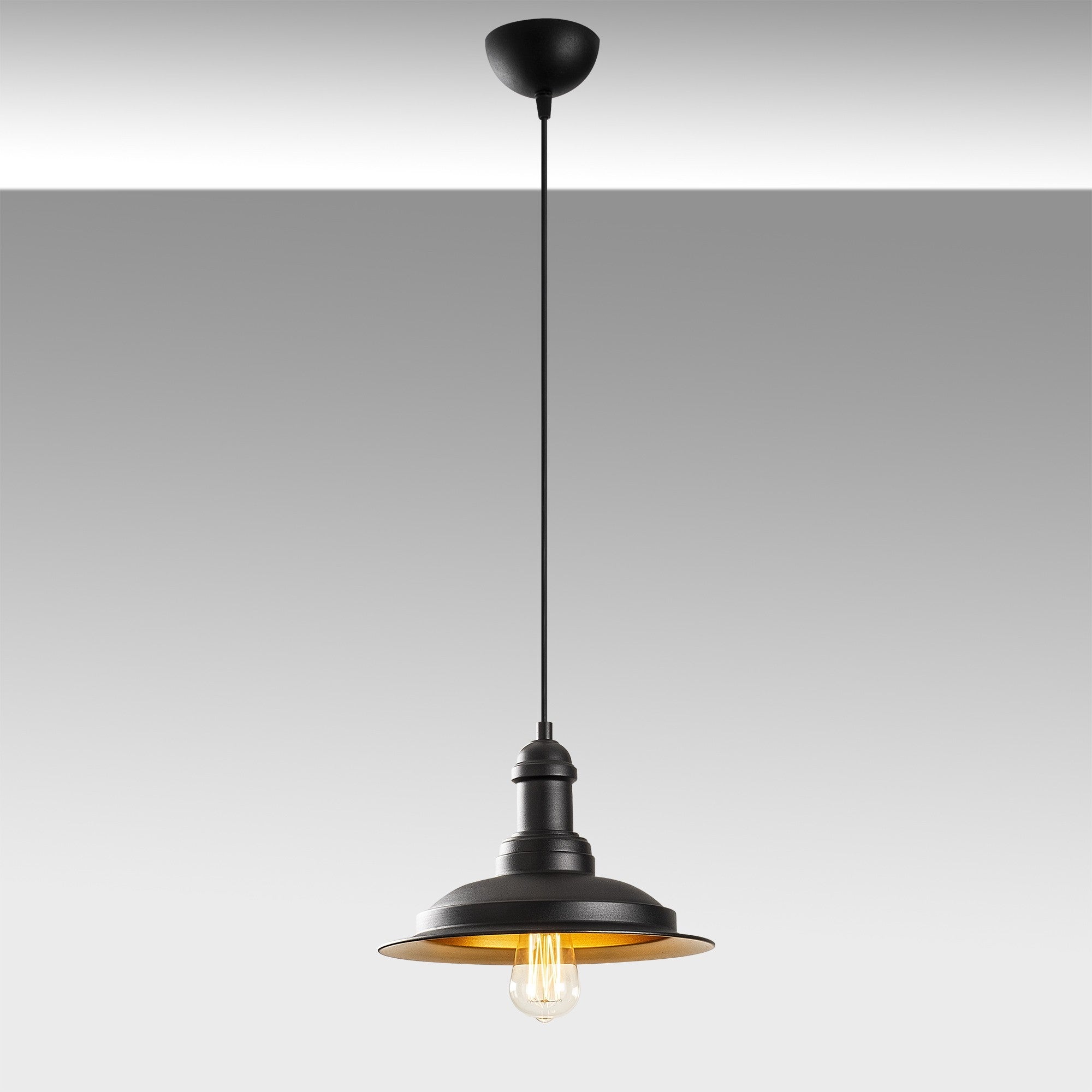 Candeeiro de Teto Industrial, Preto e Dourado, 30 cm de Diâmetro, 118 cm de Altura | Ajustável, Soquete E27, IP20 | Iluminação Elegante para Espaços Modernos