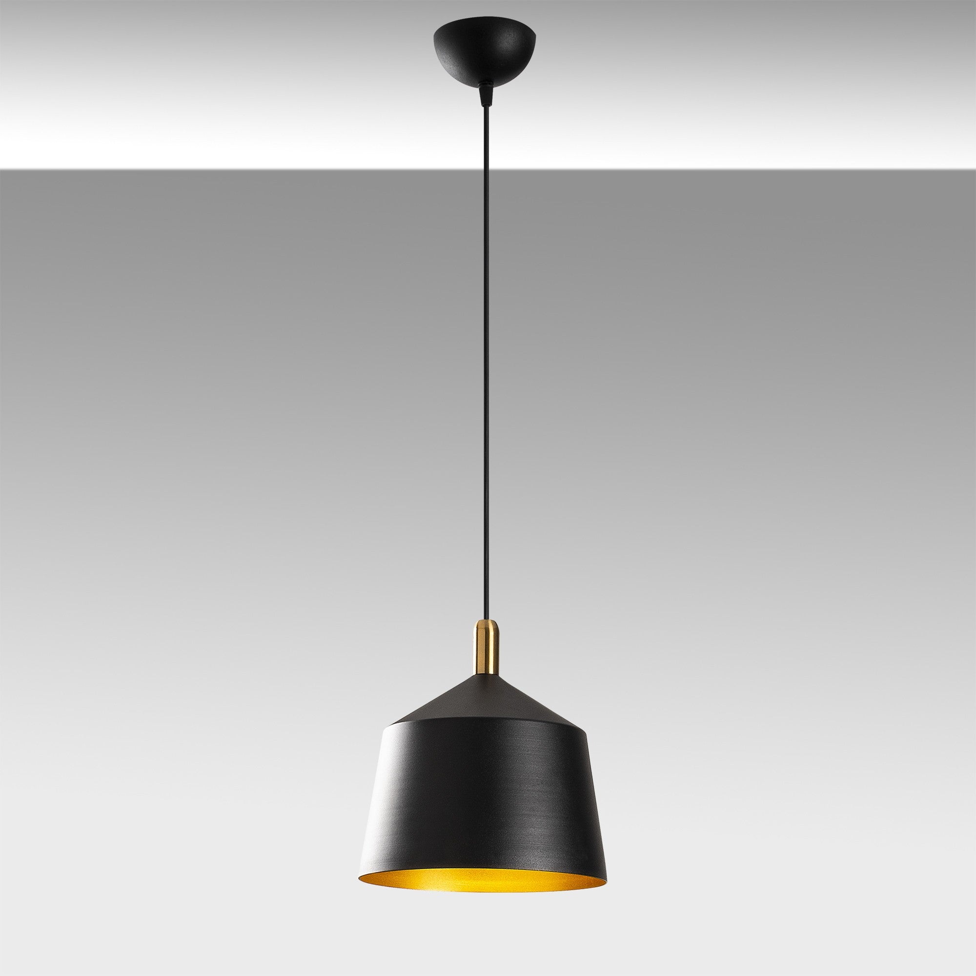 Candeeiro de Teto Escandinavo Elegante, Preto e Dourado, 25 cm de Diâmetro, 124 cm de Altura | Ajustável, Soquete E27, IP20 | Perfeito para Decoração Moderna