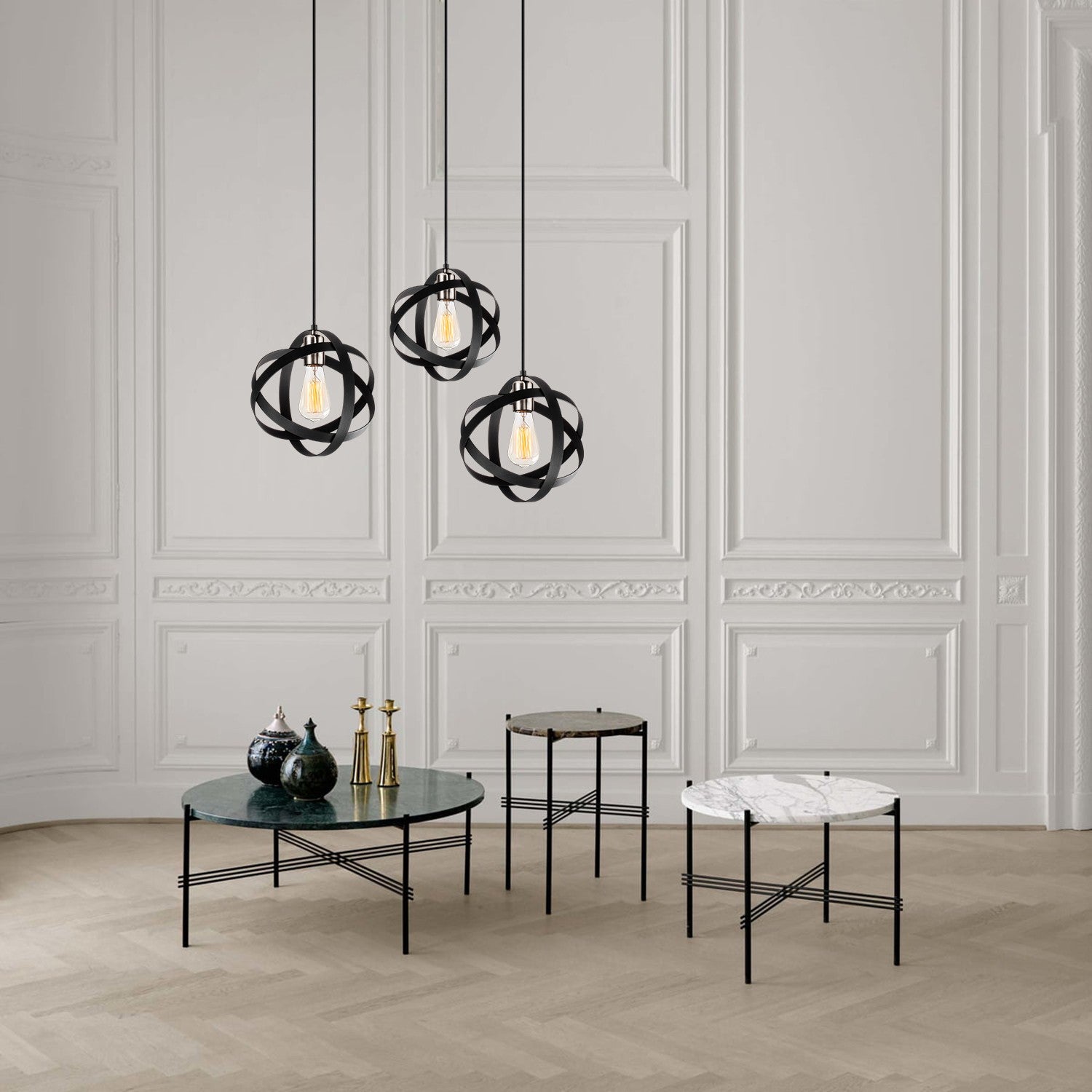 Candeeiro de Teto moderno, preto e níquel, 53 cm de diâmetro, 100 cm de altura | Ajustável, 3 x E27 máx. 40 W | Iluminação elegante para casa e escritório