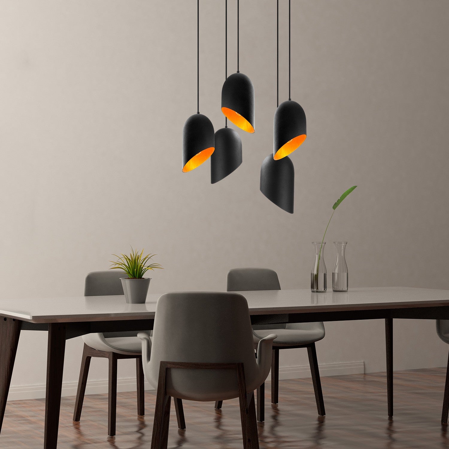 Candeeiro de Teto Industrial Moderno, Preto e Dourado, 50 cm de Diâmetro, Altura Ajustável 125 cm | 5 Soquetes E27, IP20 | Iluminação Elegante para Casa e Escritório