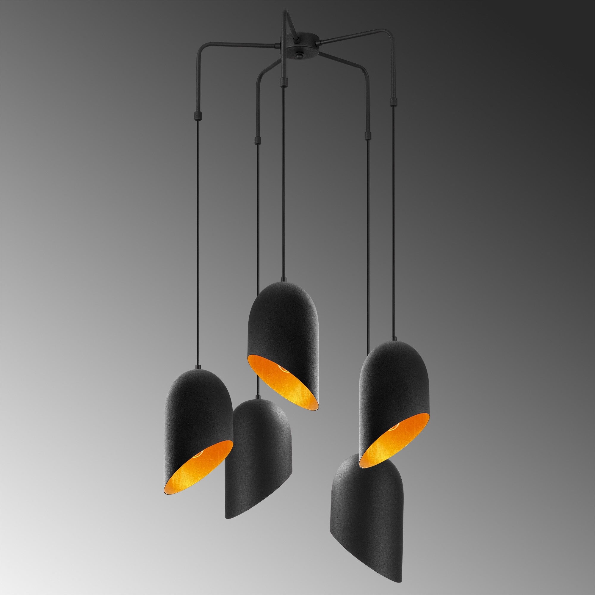 Candeeiro de Teto Industrial Moderno, Preto e Dourado, 50 cm de Diâmetro, Altura Ajustável 125 cm | 5 Soquetes E27, IP20 | Iluminação Elegante para Casa e Escritório