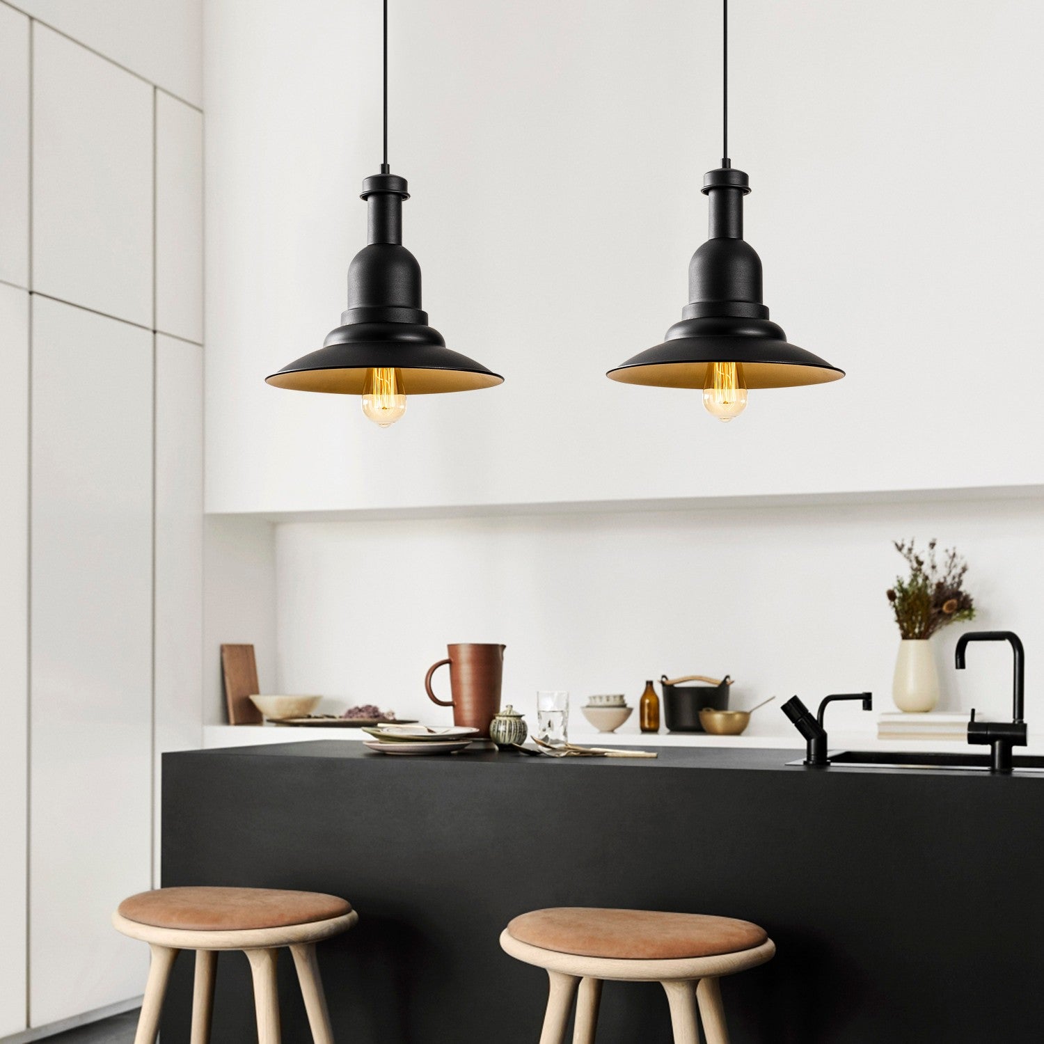 Candeeiro de Teto Industrial Moderno, Preto e Dourado, 65 x 33 cm | Altura Ajustável 130 cm, 2 x E27 máx. 40 W | Iluminação Elegante para Casa e Escritório