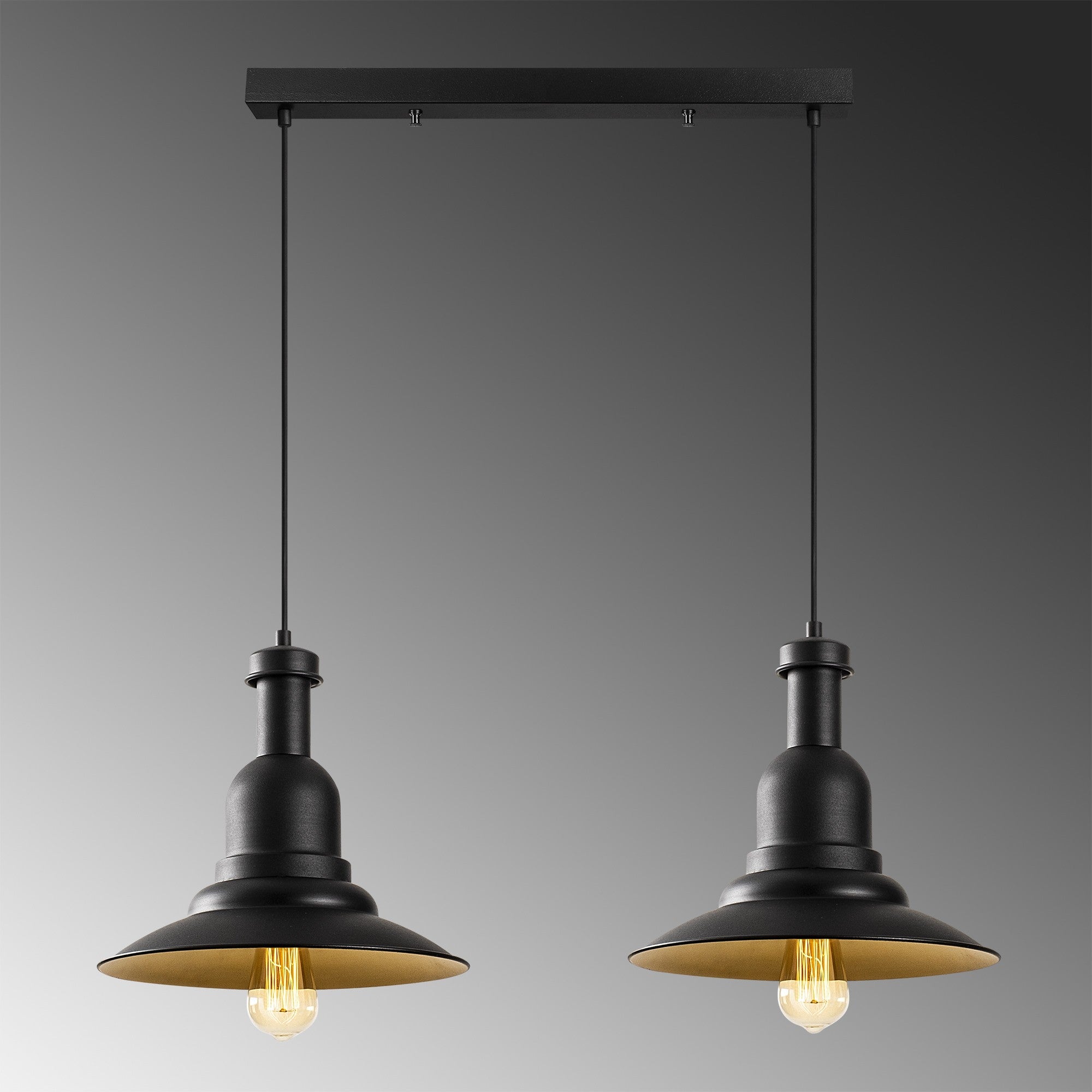 Candeeiro de Teto Industrial Moderno, Preto e Dourado, 65 x 33 cm | Altura Ajustável 130 cm, 2 x E27 máx. 40 W | Iluminação Elegante para Casa e Escritório