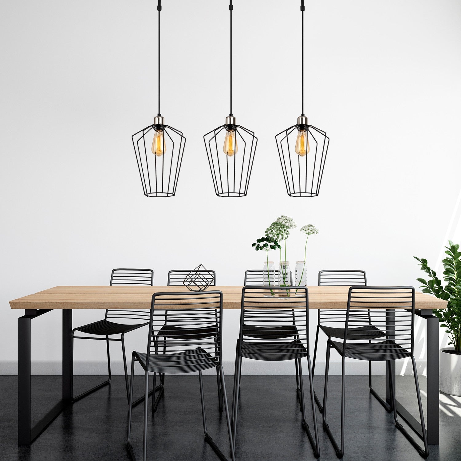 Candeeiro de Teto preto moderno, corpo de metal, 90 x 25 cm, altura ajustável de 140 cm, 3 x E27 máx. 40 W, design industrial elegante para casa e escritório