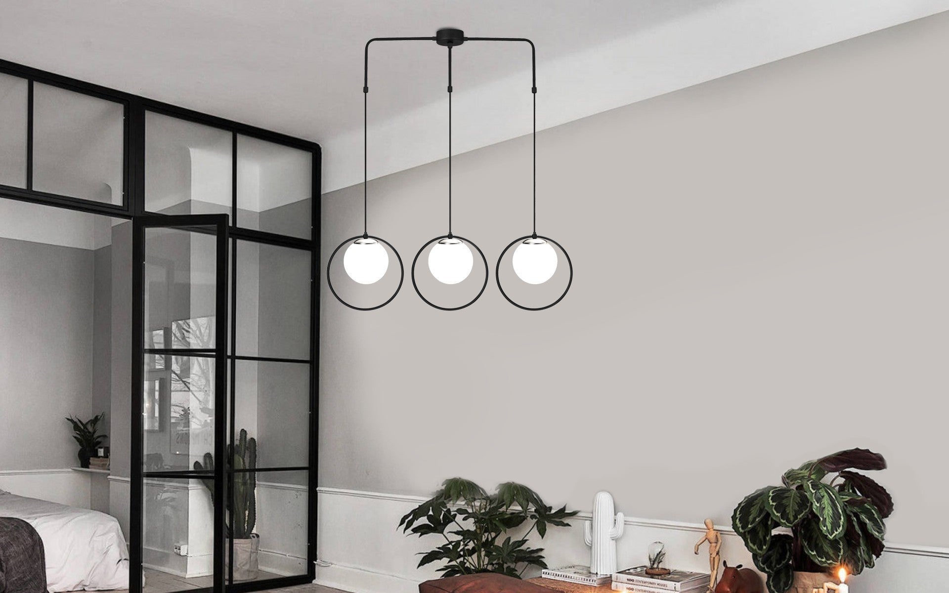 Candeeiro de Teto Industrial Moderno, Preto e Branco, 90 x 15 cm | Altura Ajustável, Corpo em Metal, 3 Soquetes E27 | Iluminação Elegante para Casa e Escritório