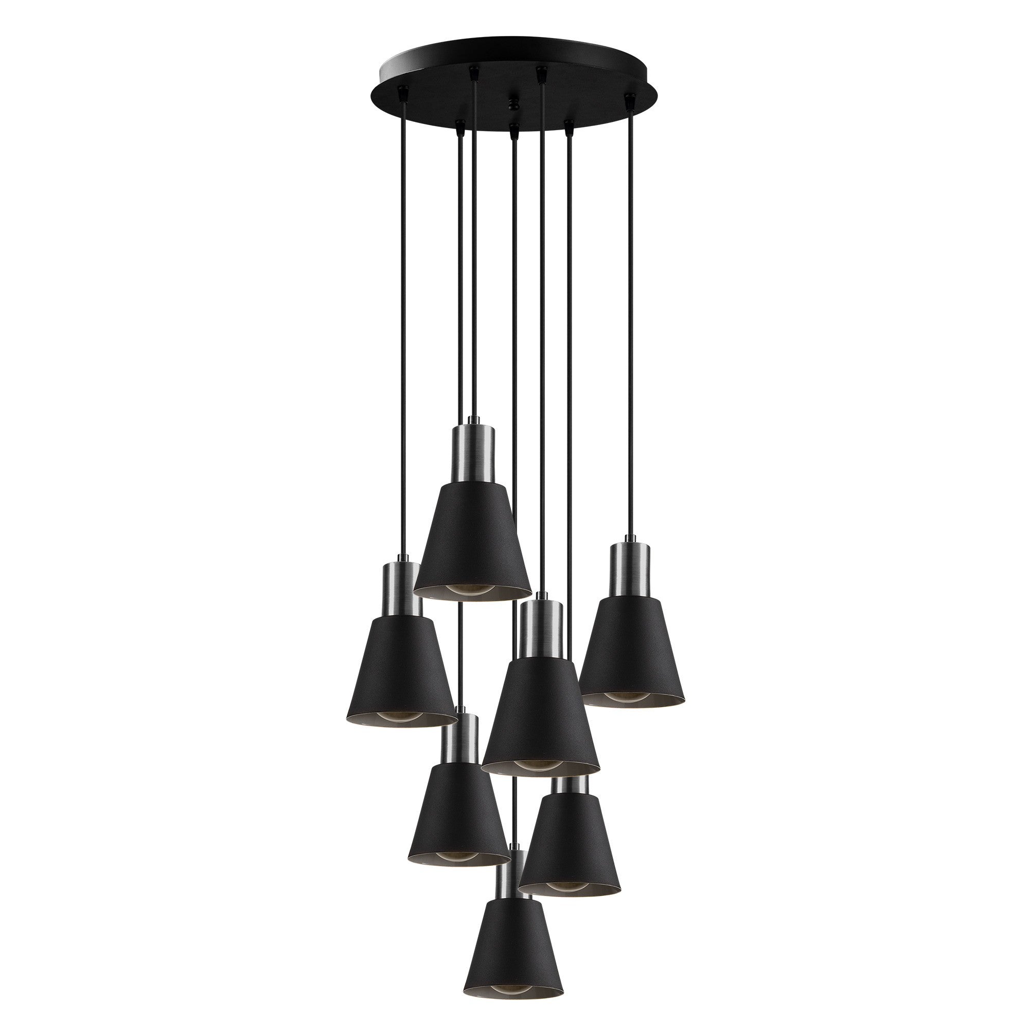 Candeeiro de Teto Escandinavo, Preto e Níquel, 43 cm de Diâmetro, 111 cm de Altura | Ajustável, 7 Soquetes E27, Design Elegante para Espaços Modernos | Classificação IP20