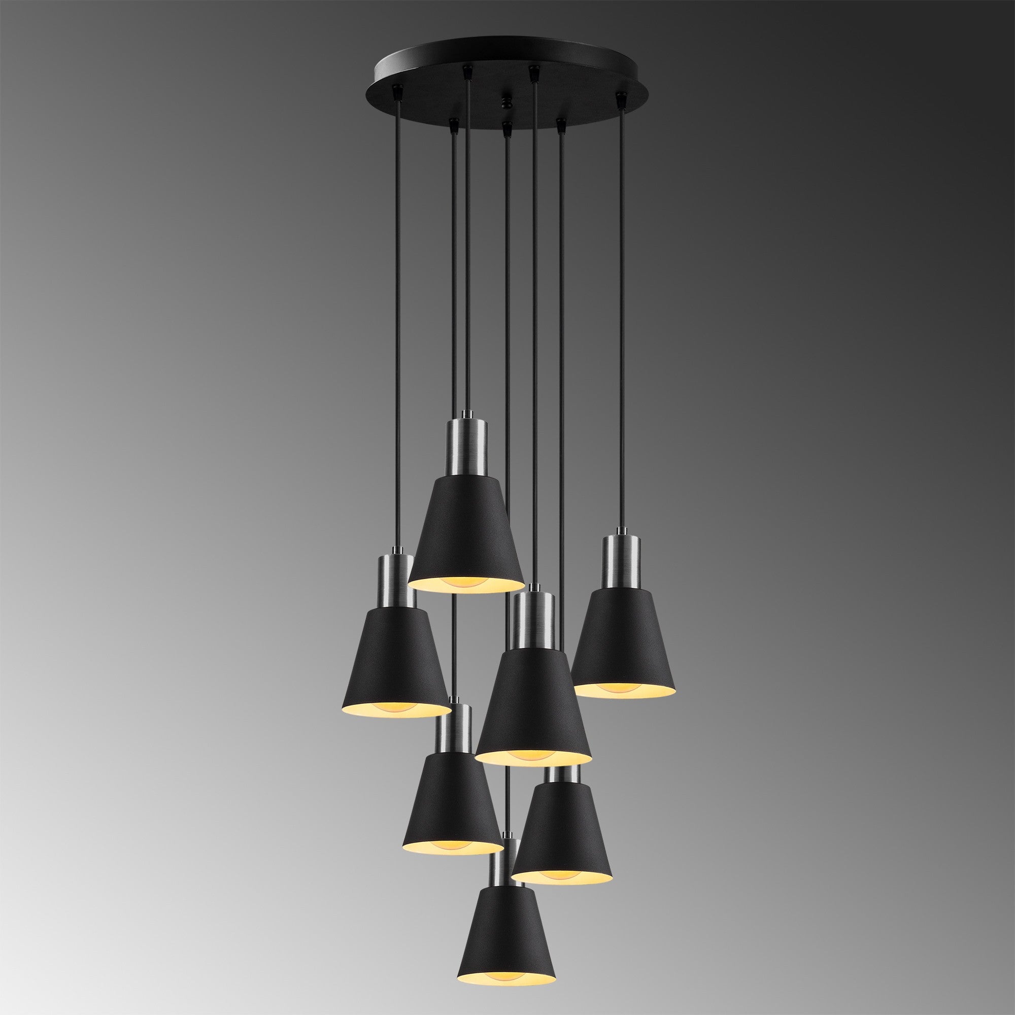 Candeeiro de Teto Escandinavo, Preto e Níquel, 43 cm de Diâmetro, 111 cm de Altura | Ajustável, 7 Soquetes E27, Design Elegante para Espaços Modernos | Classificação IP20