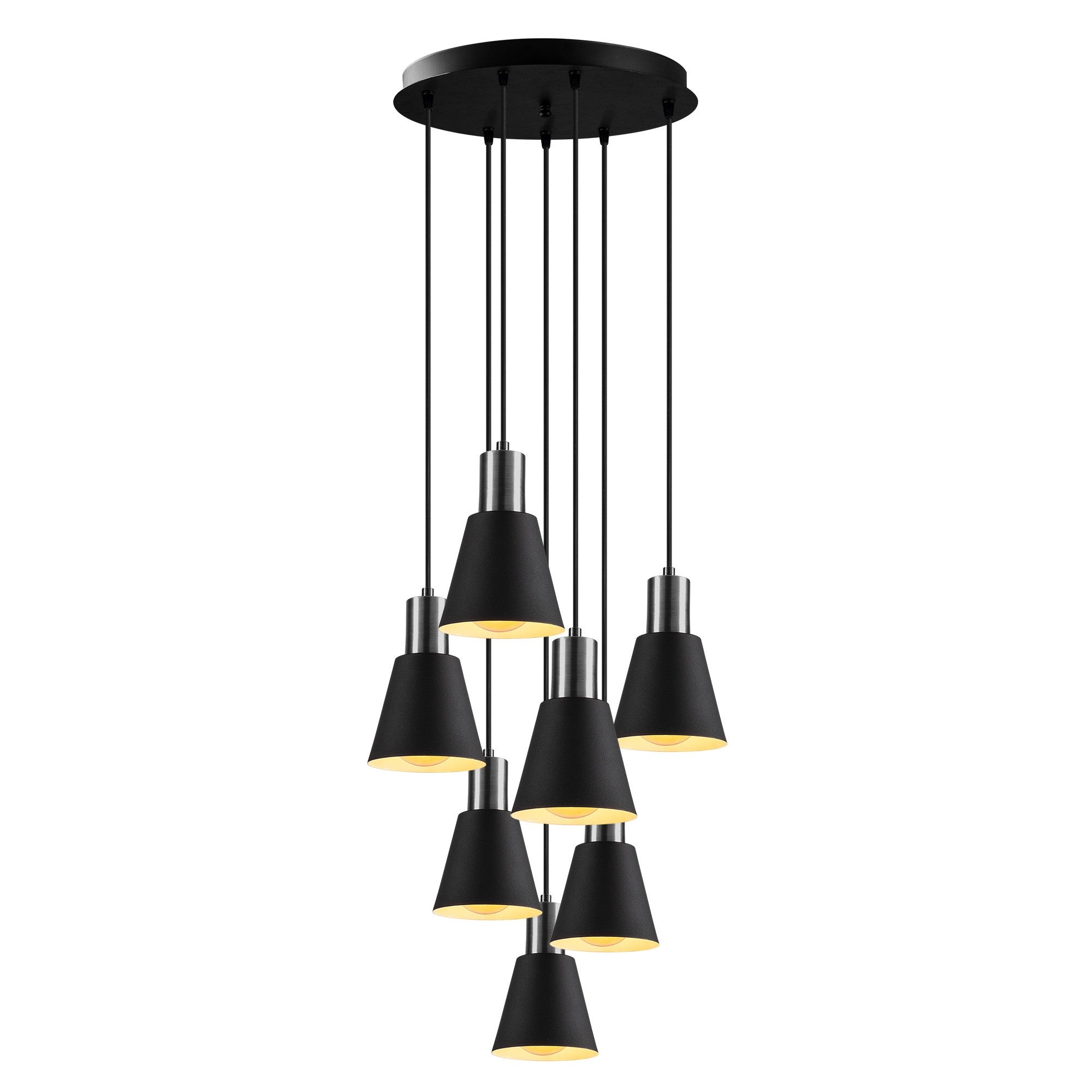 Candeeiro de Teto Escandinavo, Preto e Níquel, 43 cm de Diâmetro, 111 cm de Altura | Ajustável, 7 Soquetes E27, Design Elegante para Espaços Modernos | Classificação IP20