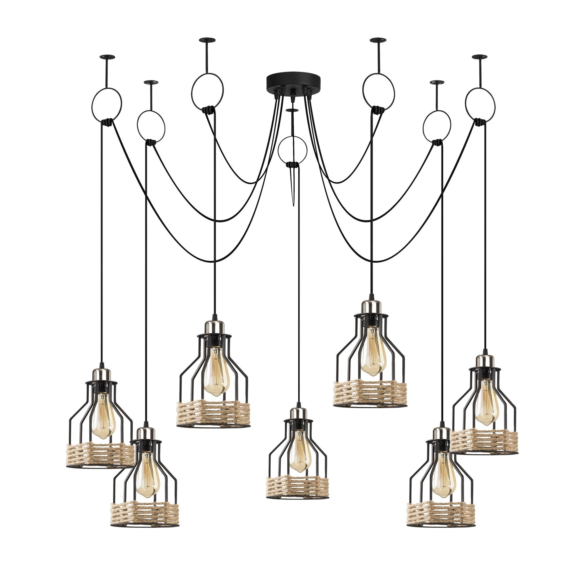 Candeeiro de Teto Industrial Preto, 137 cm de Diâmetro, Altura Ajustável, 7 Soquetes E27 | Design Nostalgic Cabin/Lodge, Perfeito para Espaços Modernos