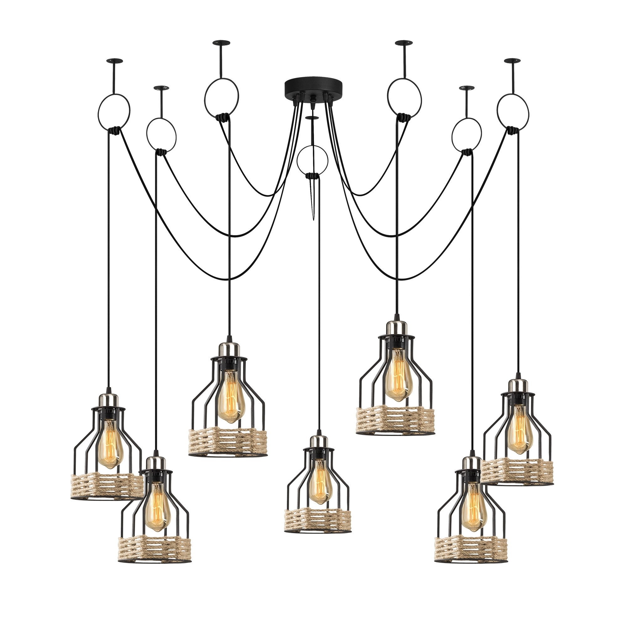 Candeeiro de Teto Industrial Preto, 137 cm de Diâmetro, Altura Ajustável, 7 Soquetes E27 | Design Nostalgic Cabin/Lodge, Perfeito para Espaços Modernos