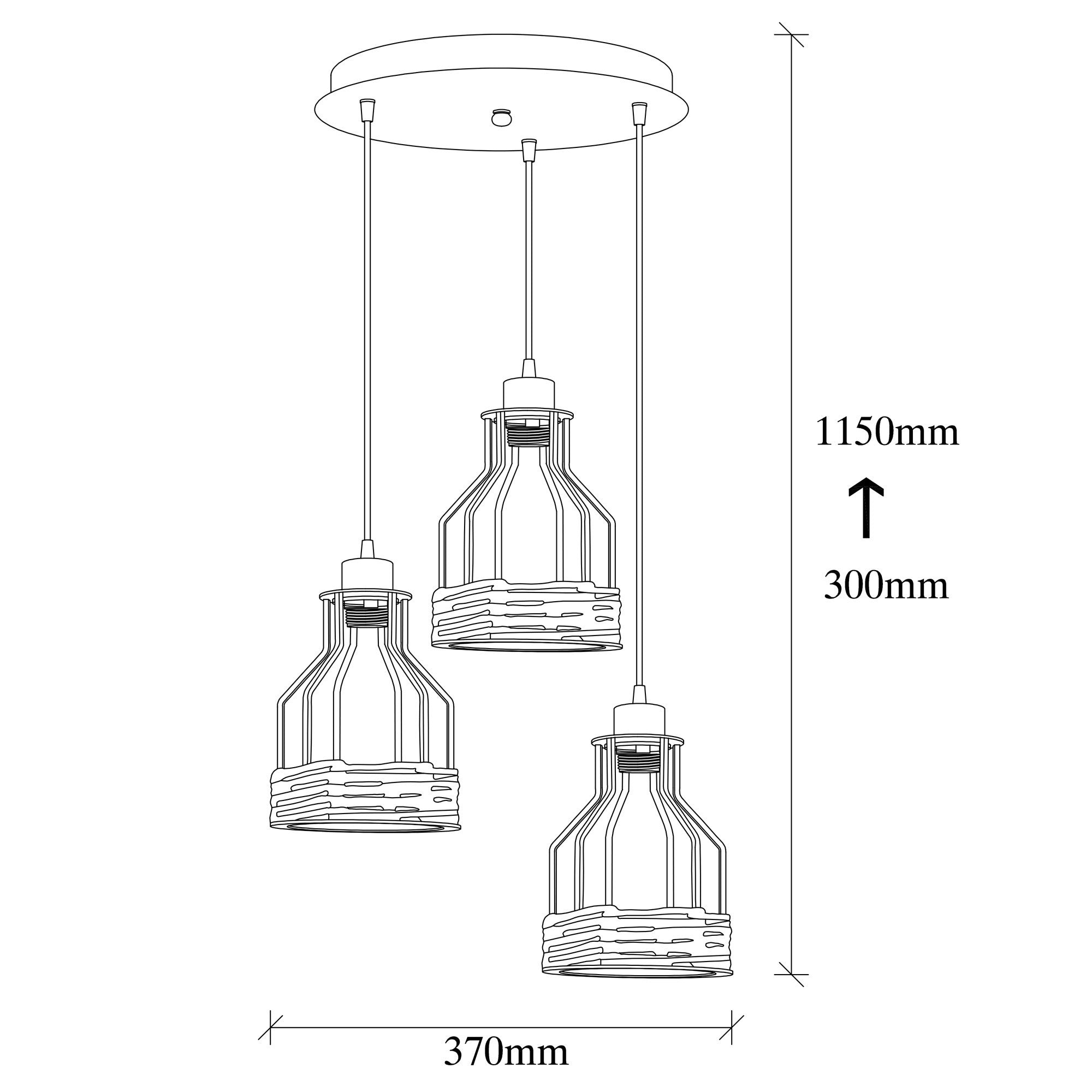 Candeeiro de Teto Industrial Preto, 37 cm de Diâmetro, Altura Ajustável, 3 x E27, Máx. 40 W | Perfeito para Decoração de Cabanas e Lodges, Design Nostálgico em Metal