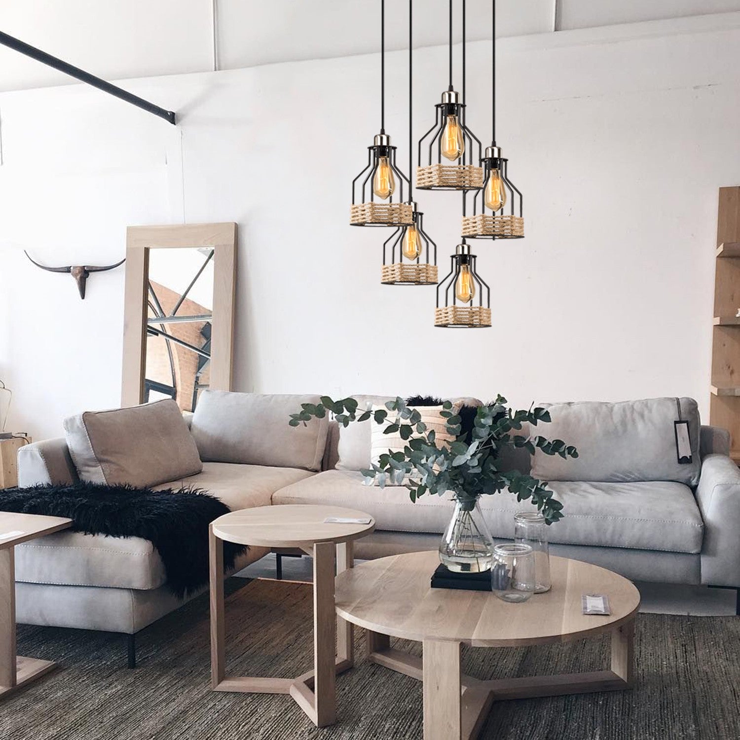 Candeeiro de Teto Industrial Preto, 46 cm de Diâmetro, Altura Ajustável, 5 Tomadas E27 | Design Nostalgic Cabin/Lodge, Perfeito para Espaços Modernos