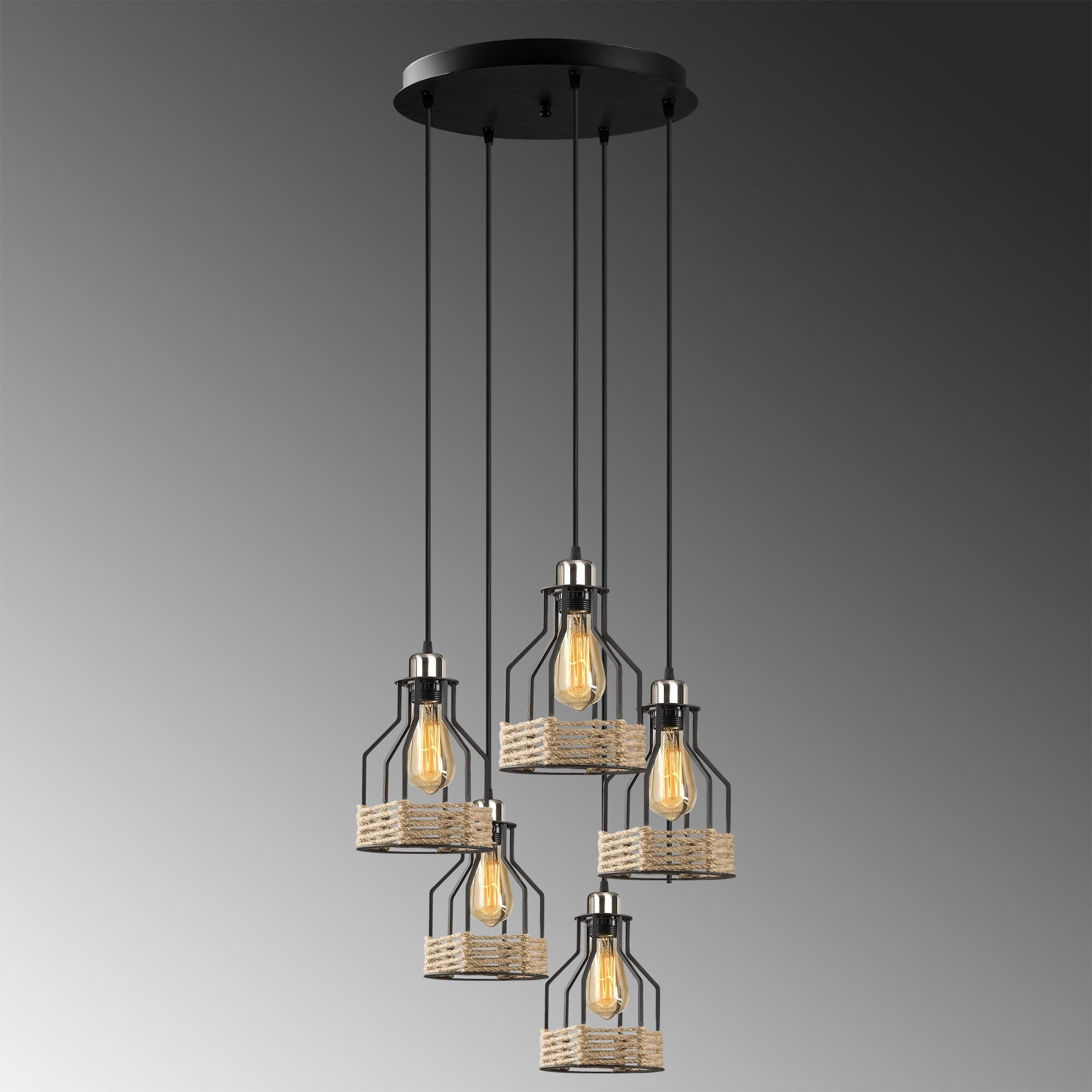 Candeeiro de Teto Industrial Preto, 46 cm de Diâmetro, Altura Ajustável, 5 Tomadas E27 | Design Nostalgic Cabin/Lodge, Perfeito para Espaços Modernos