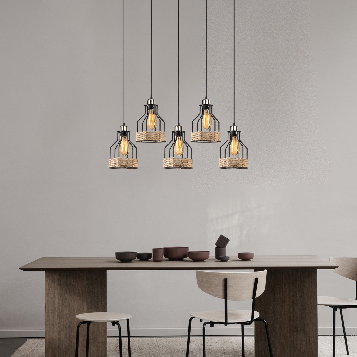 Candeeiro de Teto Industrial Preto, 87 x 17 cm, Altura Ajustável 117 cm | Corpo de Metal, 5 Soquetes E27, Design Nostálgico de Cabana/Chalé | Perfeito para Espaços Modernos