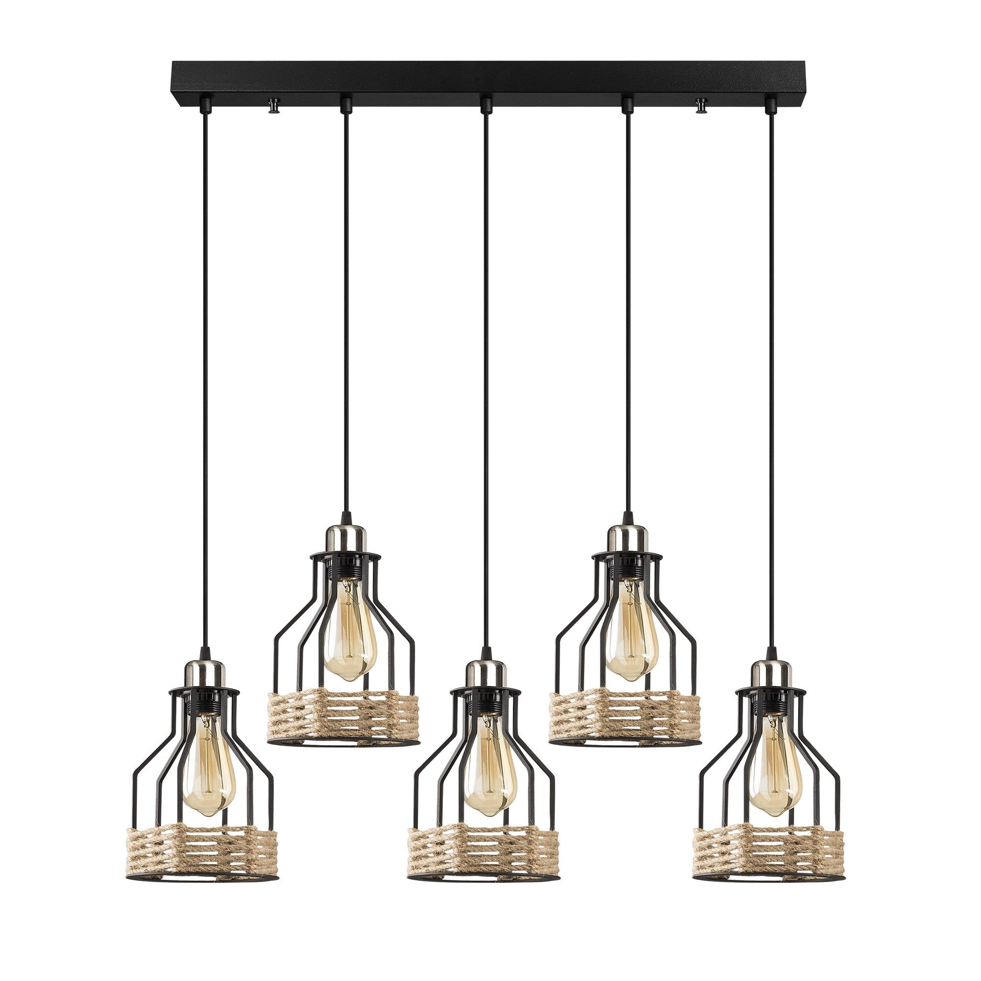 Candeeiro de Teto Industrial Preto, 87 x 17 cm, Altura Ajustável 117 cm | Corpo de Metal, 5 Soquetes E27, Design Nostálgico de Cabana/Chalé | Perfeito para Espaços Modernos