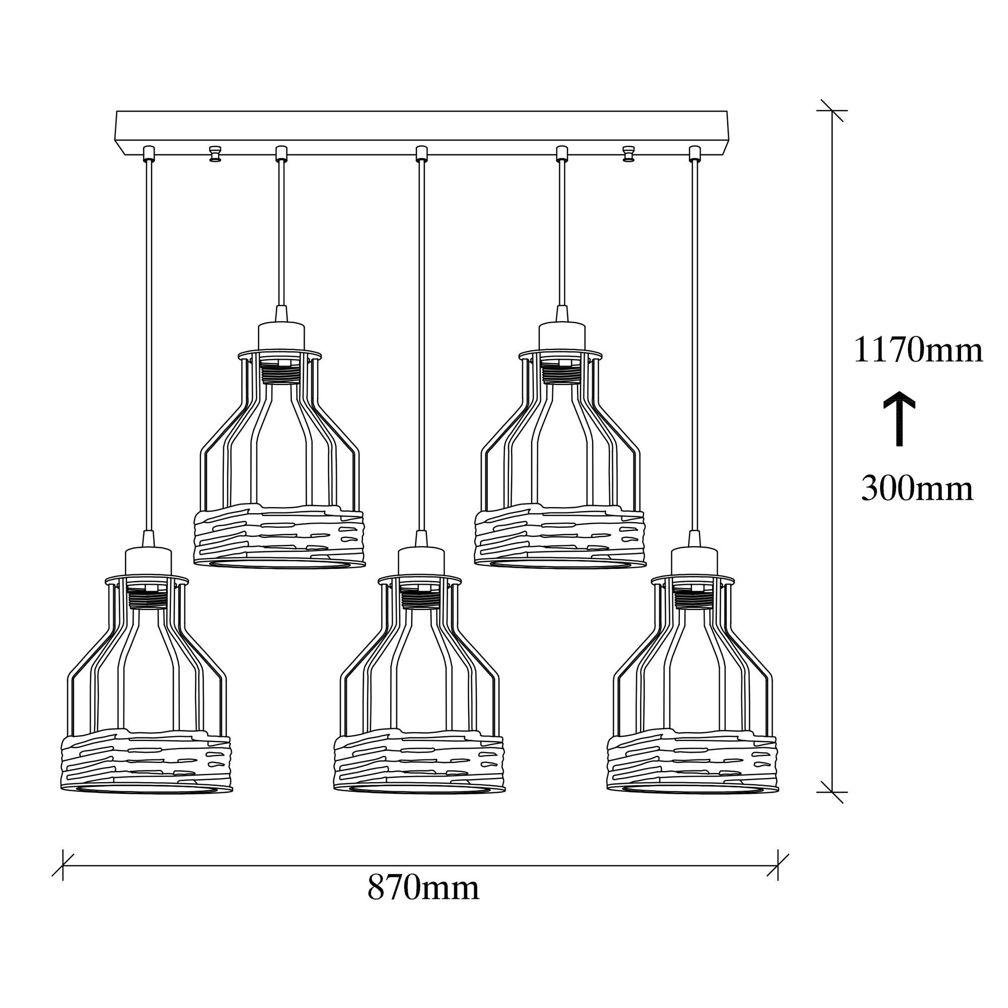 Candeeiro de Teto Industrial Preto, 87 x 17 cm, Altura Ajustável 117 cm | Corpo de Metal, 5 Soquetes E27, Design Nostálgico de Cabana/Chalé | Perfeito para Espaços Modernos