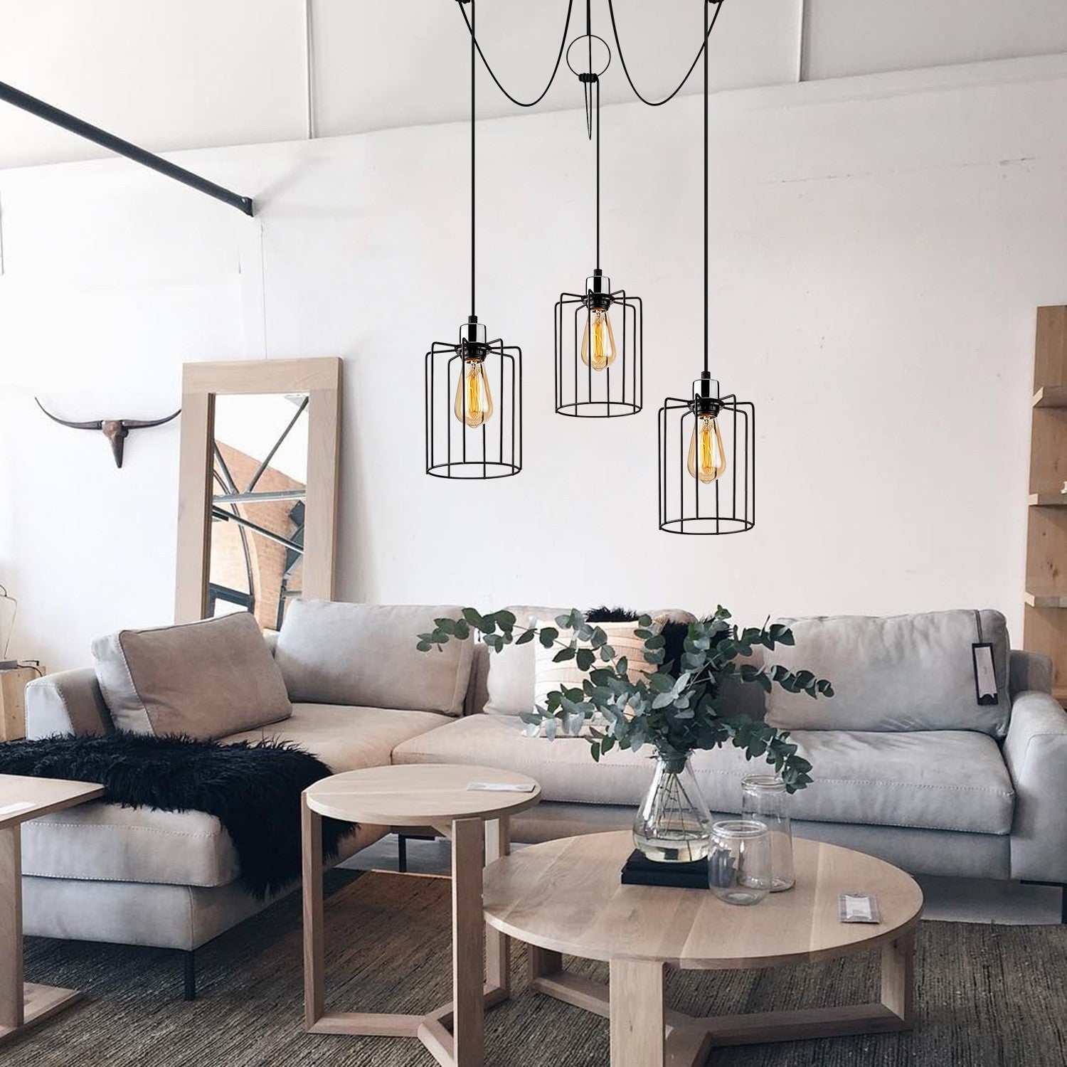 Candeeiro de Teto Industrial Preto, 96 cm de Diâmetro, Altura Ajustável, Corpo em Metal, 3 x E27 Máx. 40 W, IP20 | Perfeito para Espaços Modernos e Nostálgicos, Fácil Instalação Inclusa