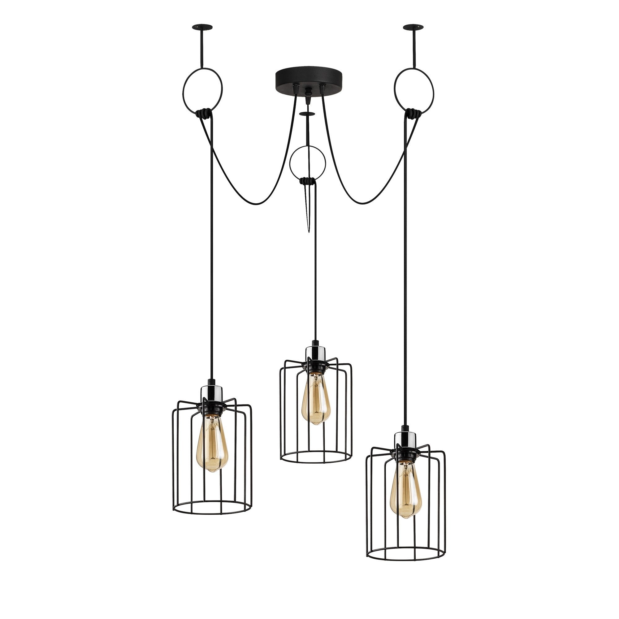 Candeeiro de Teto Industrial Preto, 96 cm de Diâmetro, Altura Ajustável, Corpo em Metal, 3 x E27 Máx. 40 W, IP20 | Perfeito para Espaços Modernos e Nostálgicos, Fácil Instalação Inclusa