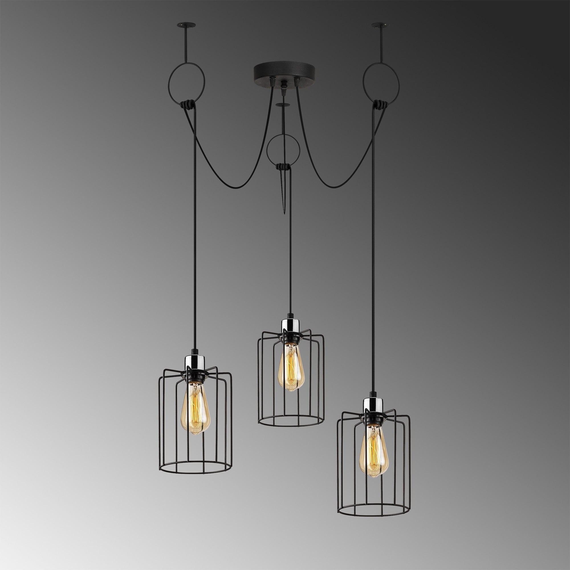 Candeeiro de Teto Industrial Preto, 96 cm de Diâmetro, Altura Ajustável, Corpo em Metal, 3 x E27 Máx. 40 W, IP20 | Perfeito para Espaços Modernos e Nostálgicos, Fácil Instalação Inclusa