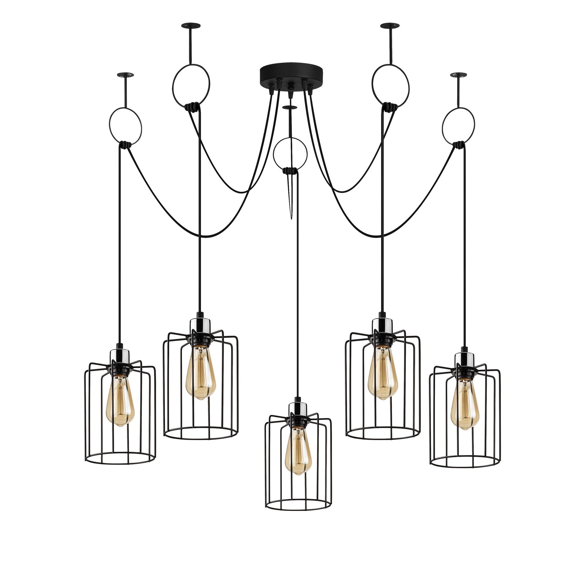 Candeeiro de Teto industrial preto, 116 cm de diâmetro, altura ajustável, corpo de metal, 5 soquetes E27, design elegante e nostálgico para espaços modernos