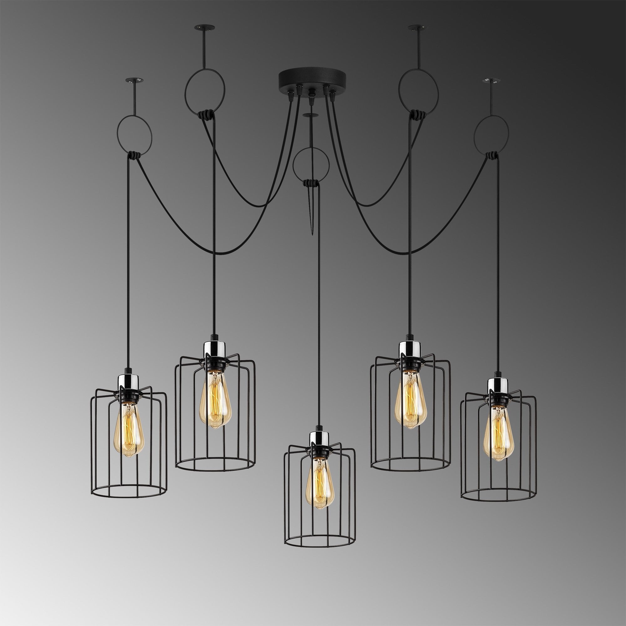Candeeiro de Teto industrial preto, 116 cm de diâmetro, altura ajustável, corpo de metal, 5 soquetes E27, design elegante e nostálgico para espaços modernos