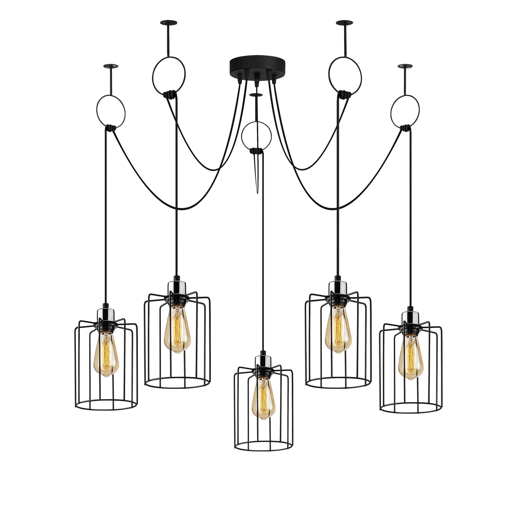 Candeeiro de Teto industrial preto, 116 cm de diâmetro, altura ajustável, corpo de metal, 5 soquetes E27, design elegante e nostálgico para espaços modernos