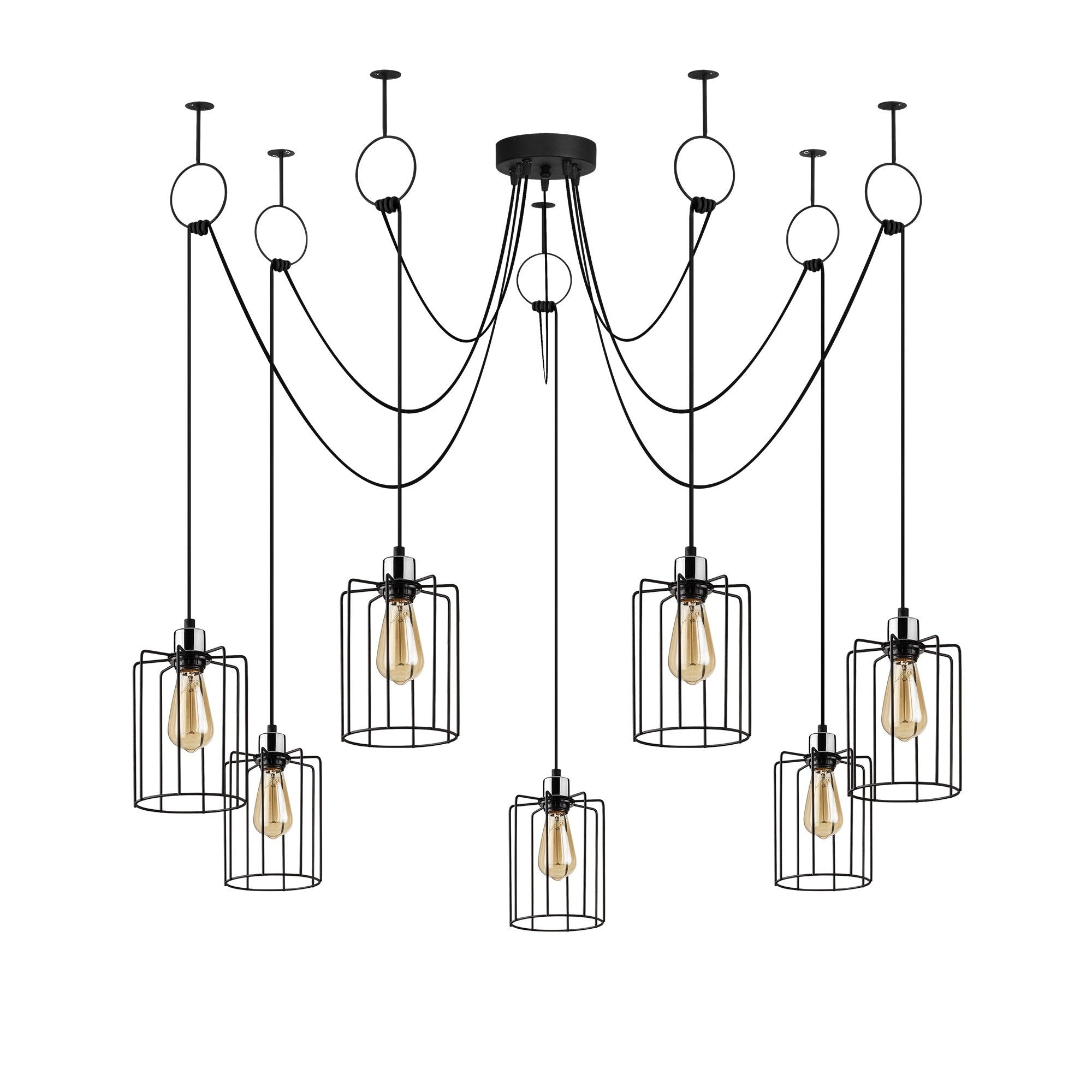 Candeeiro de Teto industrial preto, 136 cm de diâmetro, altura ajustável, 7 x E27 máx. 40 W, corpo de metal, design elegante e nostálgico para espaços modernos