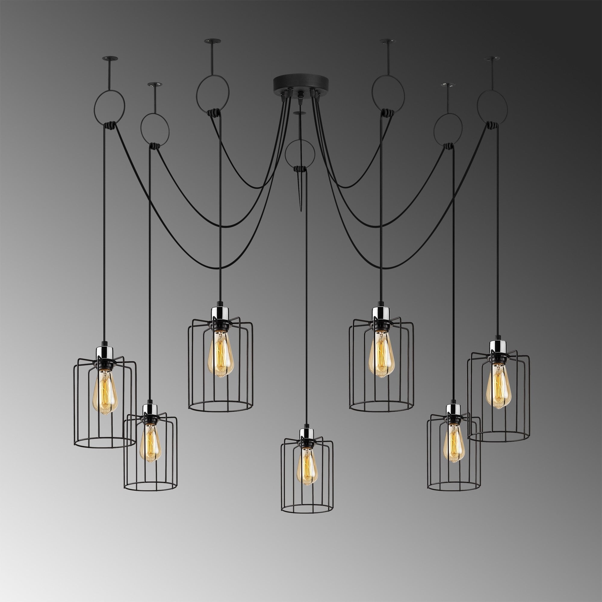 Candeeiro de Teto industrial preto, 136 cm de diâmetro, altura ajustável, 7 x E27 máx. 40 W, corpo de metal, design elegante e nostálgico para espaços modernos