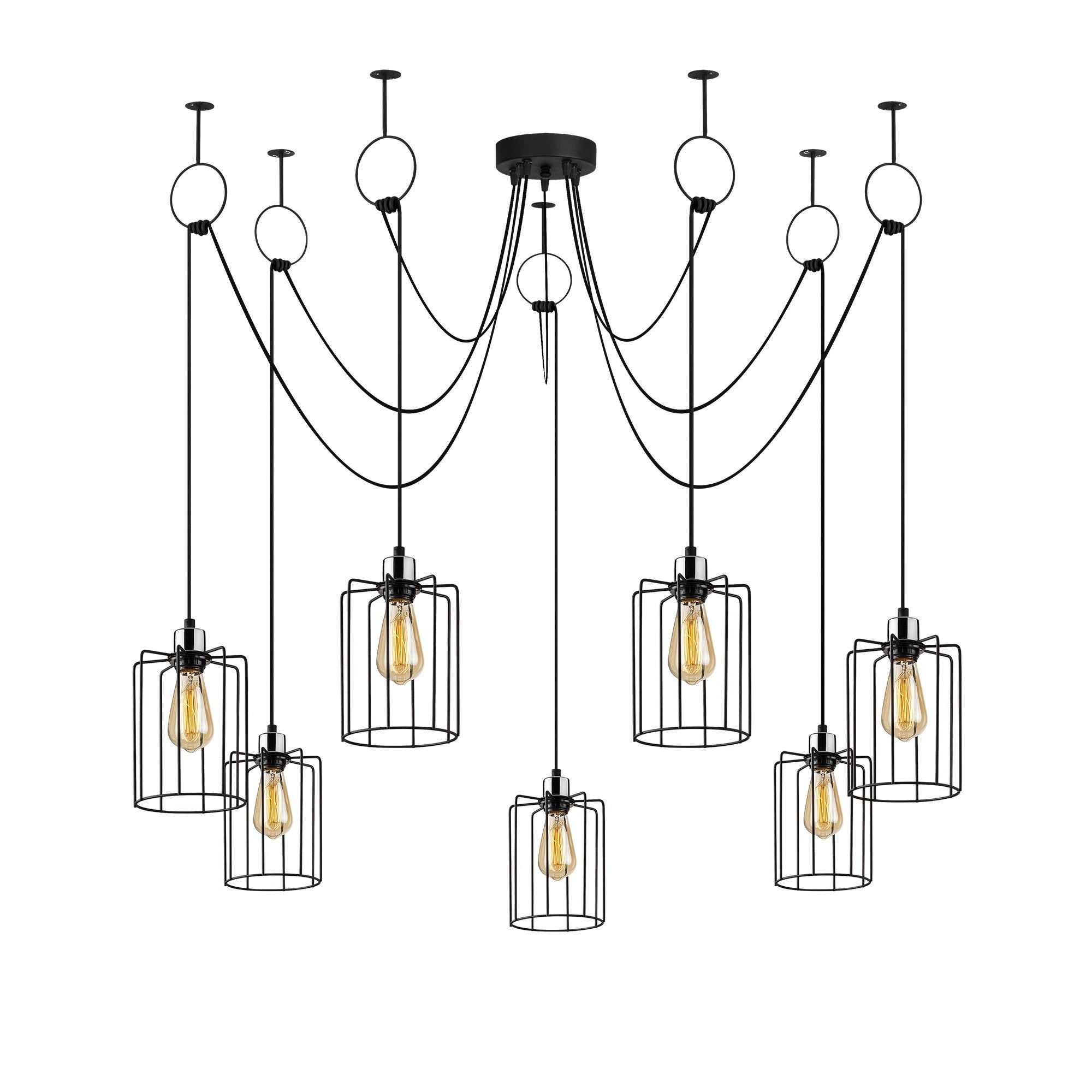 Candeeiro de Teto industrial preto, 136 cm de diâmetro, altura ajustável, 7 x E27 máx. 40 W, corpo de metal, design elegante e nostálgico para espaços modernos