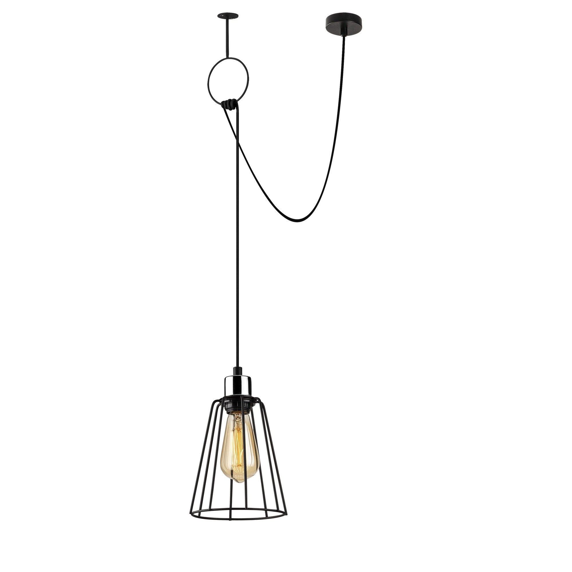 Candeeiro de Teto Industrial Preto, Corpo em Metal, 75 x 15 cm, Altura 130 cm, Ajustável, Soquete E27, Design Elegante e Nostálgico para Espaços Modernos