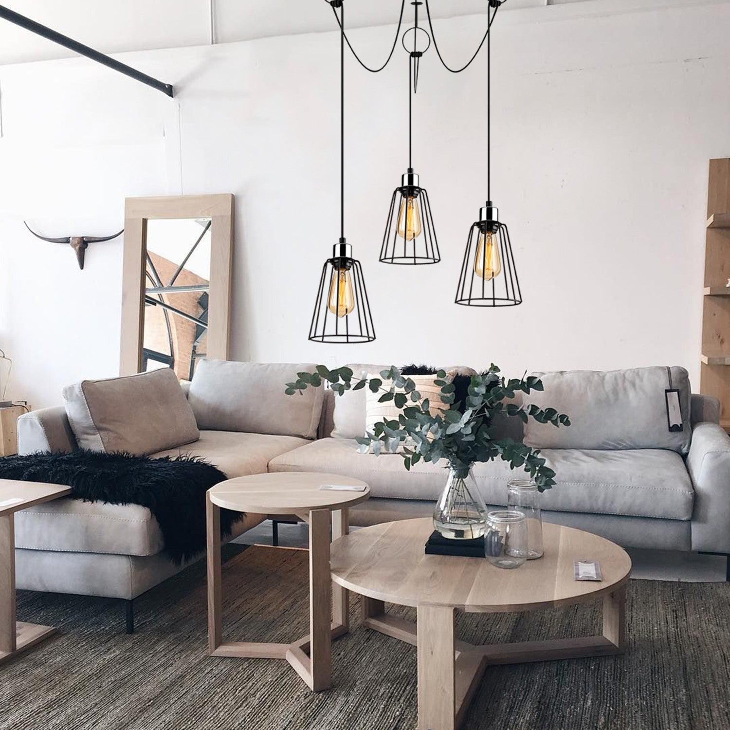 Candeeiro de Teto industrial preto, 95 cm de diâmetro, altura ajustável, corpo de metal, 3 soquetes E27, design elegante e nostálgico para espaços modernos