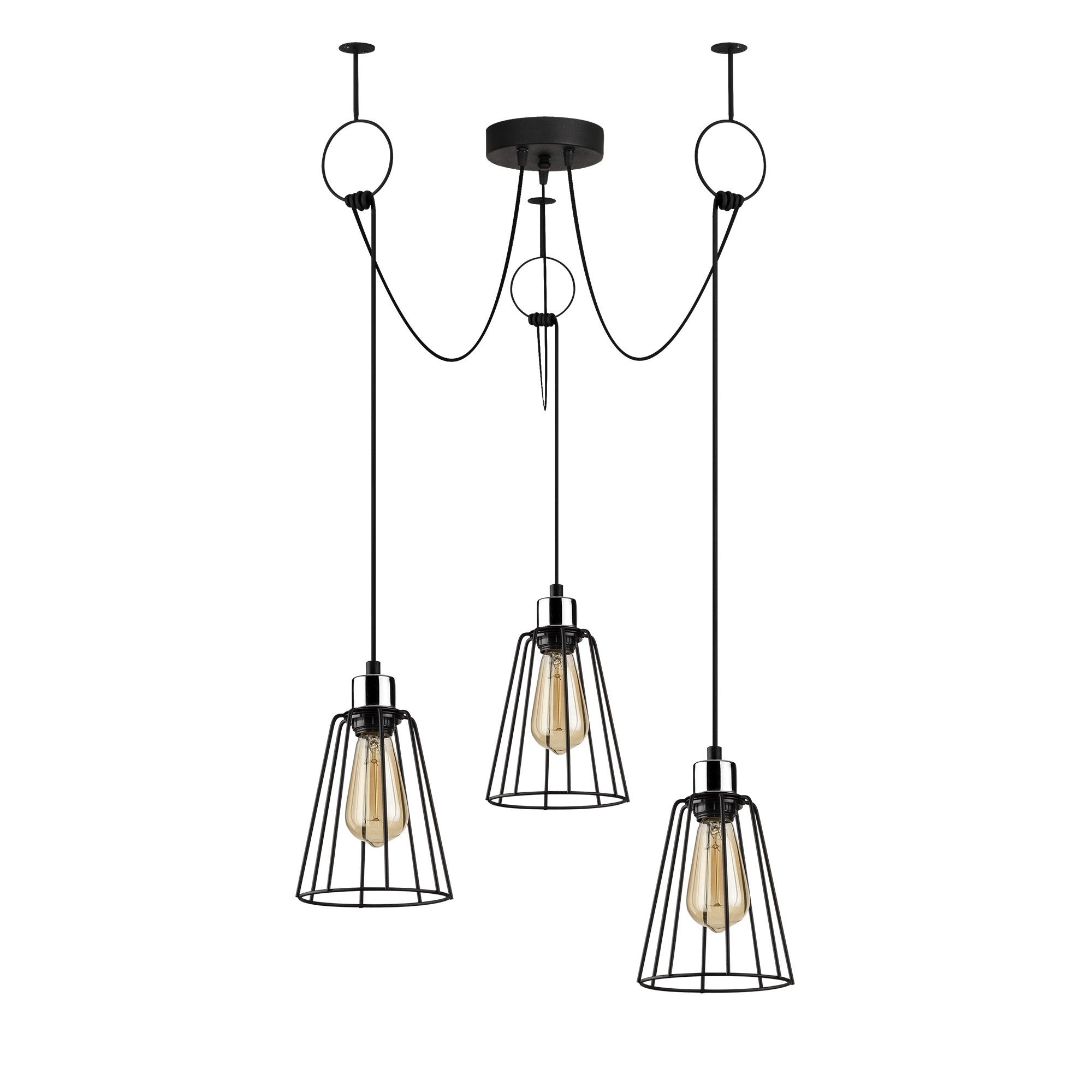 Candeeiro de Teto industrial preto, 95 cm de diâmetro, altura ajustável, corpo de metal, 3 soquetes E27, design elegante e nostálgico para espaços modernos
